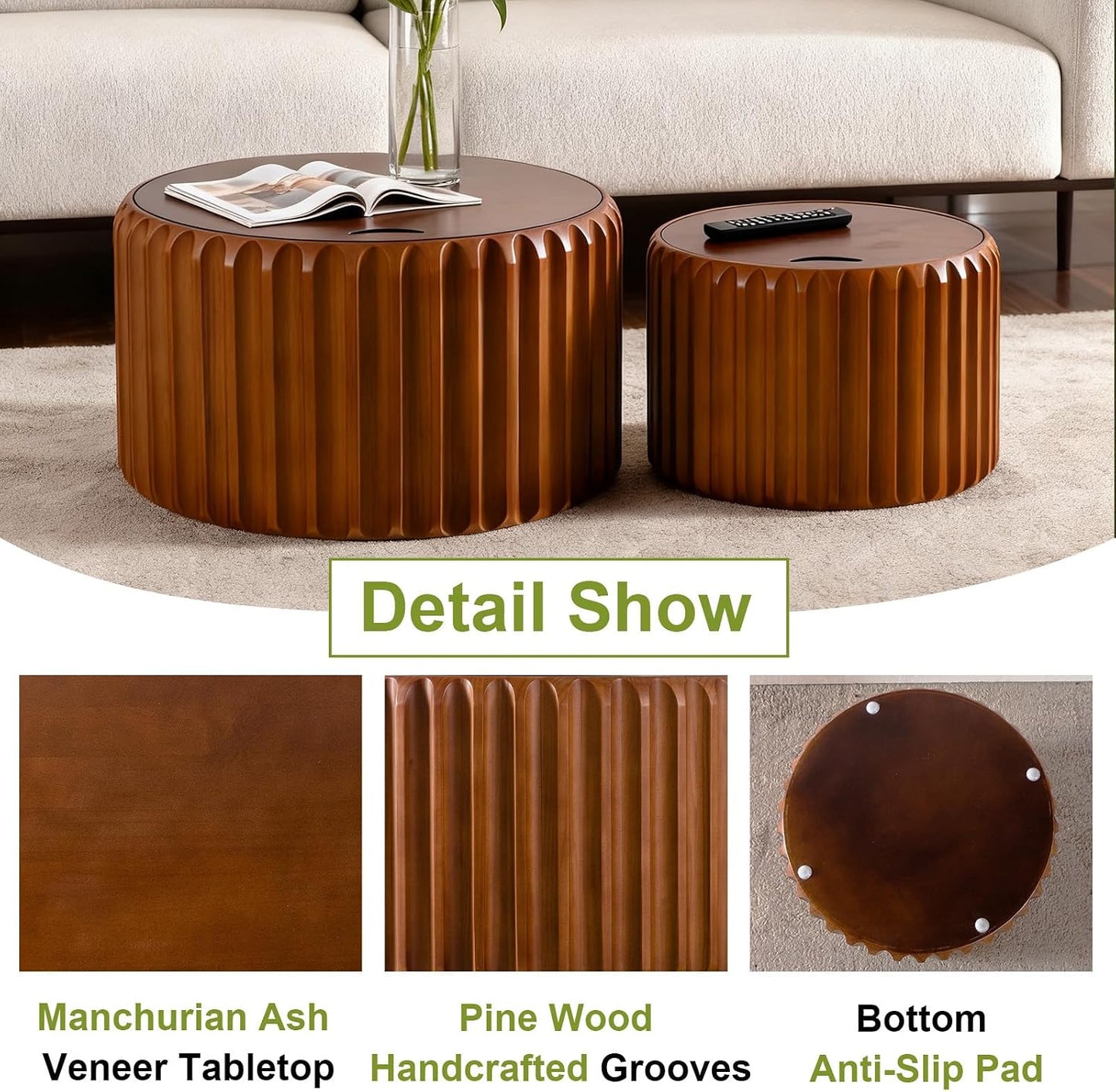 26 inch Round Nesting Coffee Table Set of 2 with Storage, A | For Living Room, Wood Veneer Top, Wood Fluted Texture, Flip-Top Lid, Non-Slip Pads, Nested End Side Table, For Small Space