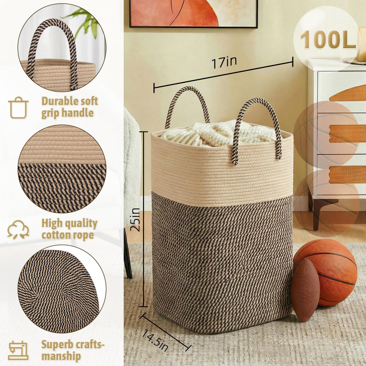 Laundry Basket,Woven Cotton Rope Laundry Hamper,Versatile Storage for Dirty Clothes,Baby Toys,and Blankets in Bathroom, Nursery,and Living Room (Jute, 100L)
