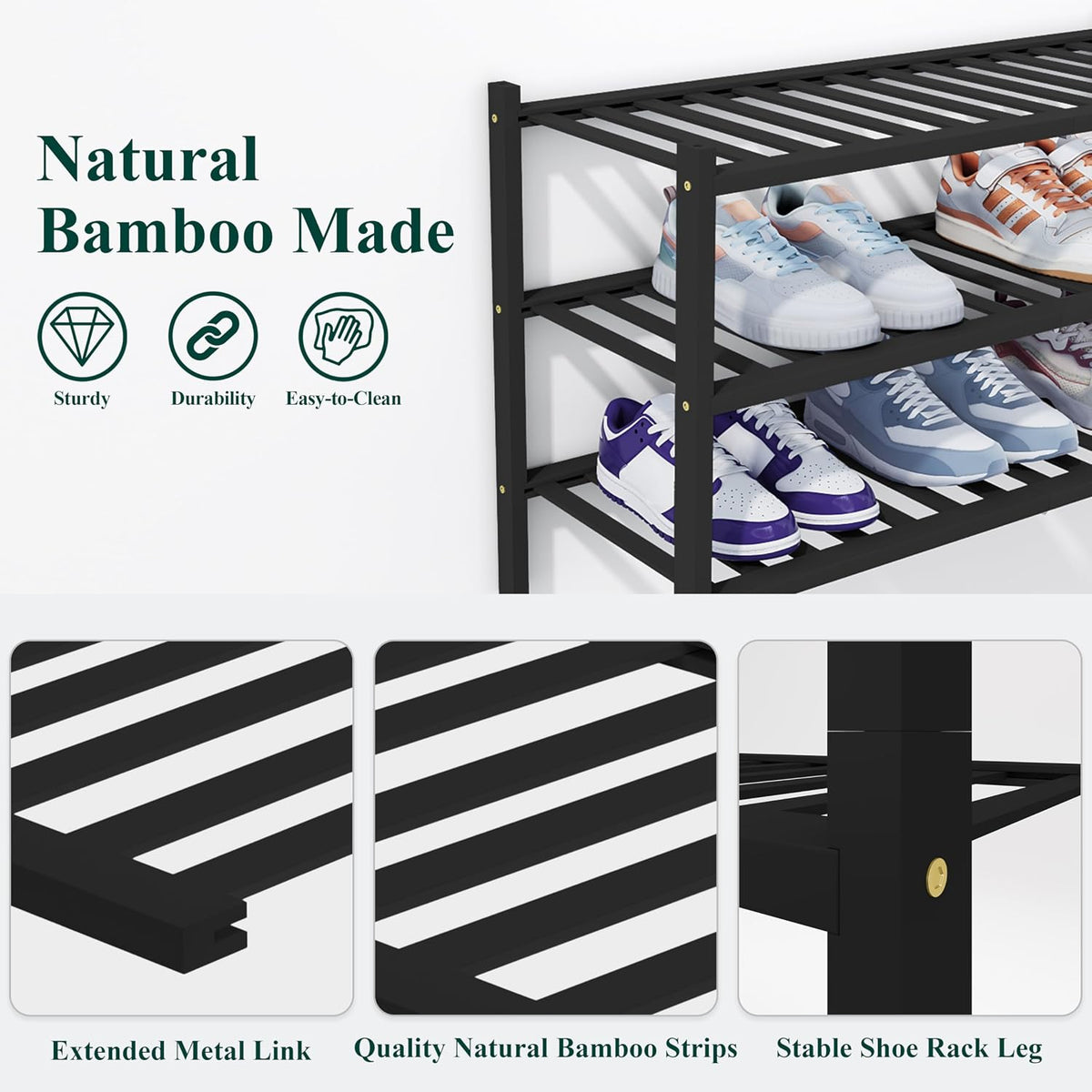 Smiry Bamboo Shoe Rack, 14 Vertical Slats, 4 Tier - 26.8" Wide, Black