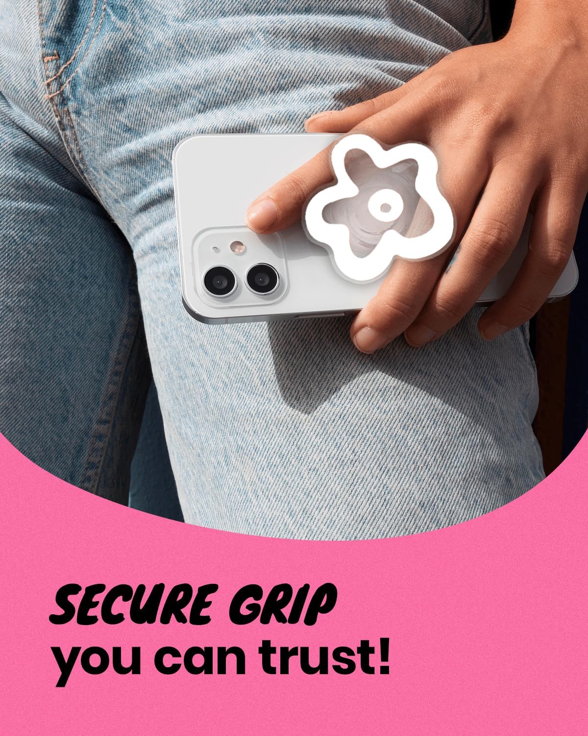 OnTheGrip Cute Transparent Daisy Flower Shape Design Mobile Phone Grip Compatible with Magsafe Multi Functional Collapsible Stand Holder for Smartphone Tablet Cell Phone Accessory (White)