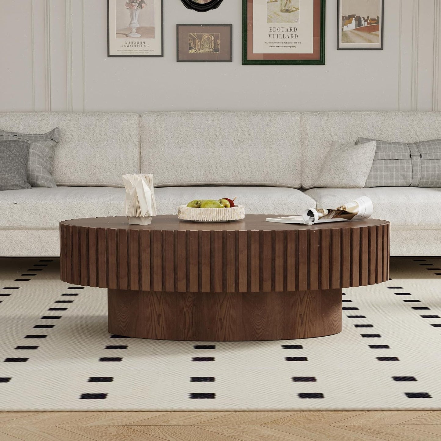 Oval Fluted Coffee Table (Oval Brown 43.3in) | Drum Coffee Tables for Living Room | Modern Pedestal Center Table
