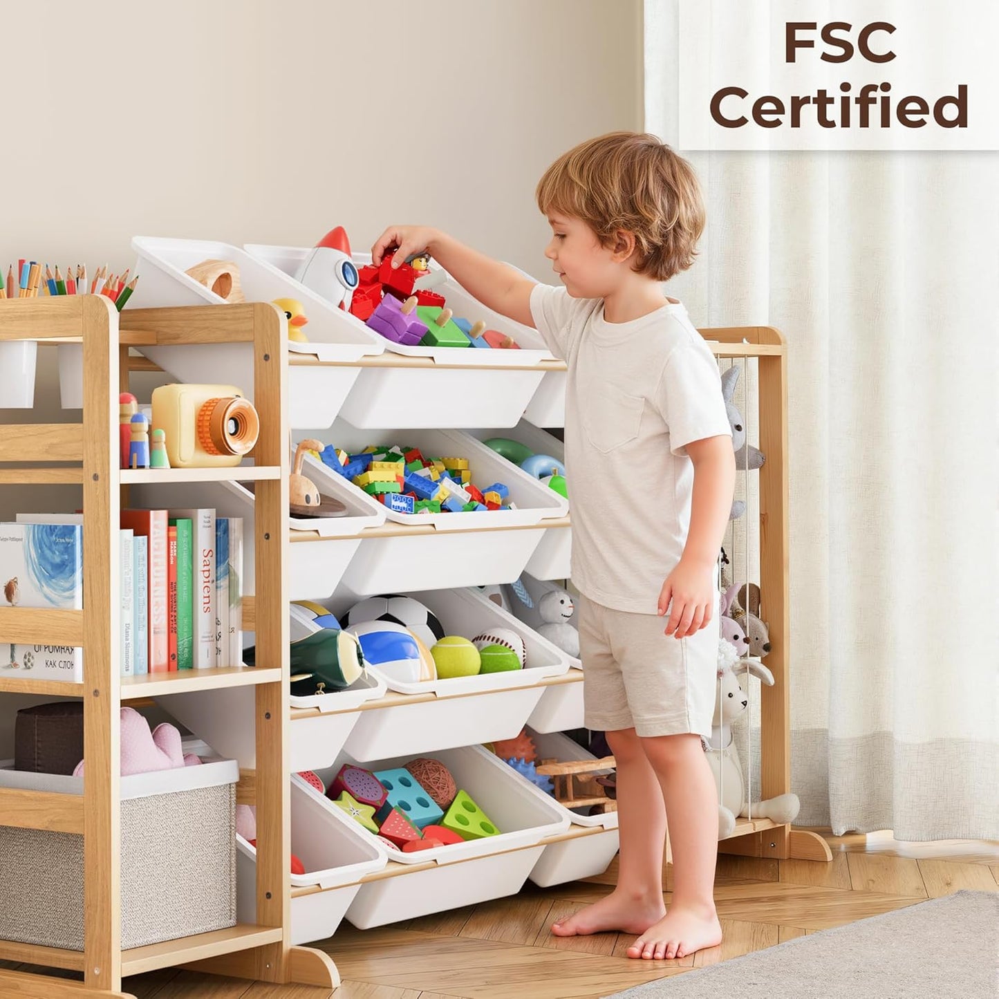 Toy Storage Organizer with Bookshelf and Stuffed Animal Storage - Kids Playroom Organization with Shelves and 12 Toy Bins - Toddler Living Room Toy Box for Lego - Nursery Bedroom Decor Essential
