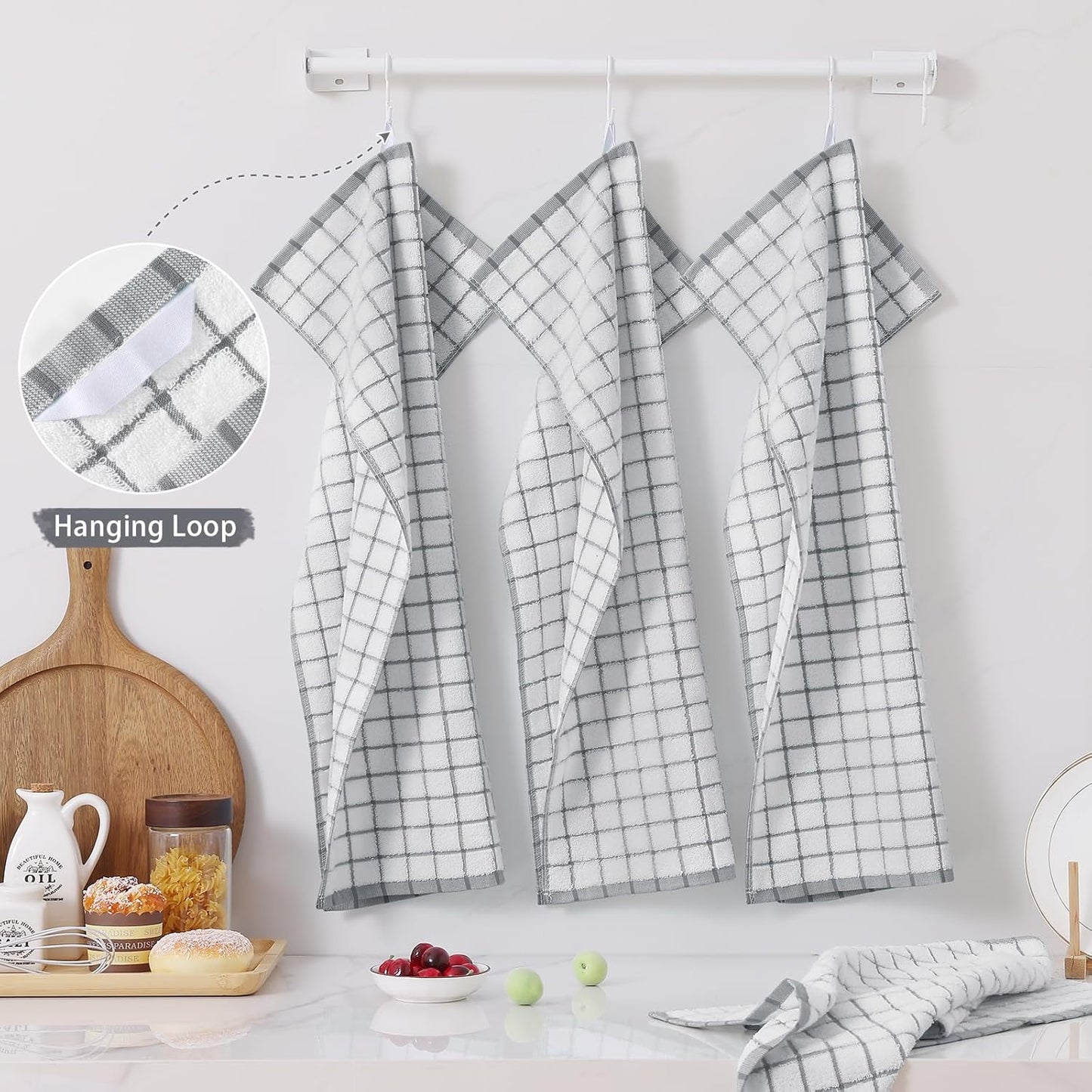 Homaxy Premium Kitchen Towels(16”x 28”, 8 Pack), Large Ring Spun Cotton Dish Towels, Super Absorbent Soft Terry Kitchen Hand Towels, Check Design Tea Towel Set with Hanging Loop, Grey