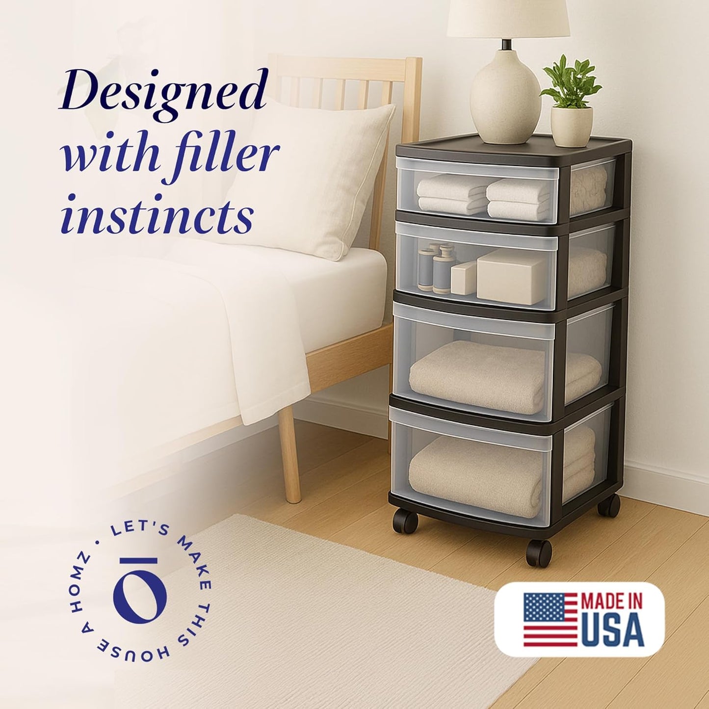 HOMZ Drawer Tower, 4-Tier Clear Plastic Storage Organizer Cart, Black Frame - Rolling Drawers with Wheels for Desk, Dresser, Cabinet, Bedroom, Bathroom, Closet, Classroom, and Office Organization