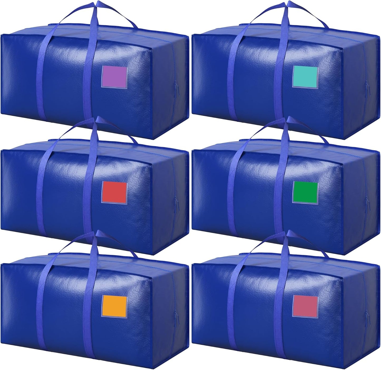 6 Pack Moving Bags with Full-Open Side Zipper, Extra Large 93L Heavy Duty Waterproof Foldable Storage Totes for College Dorm, Moving & Home Organization,Blue