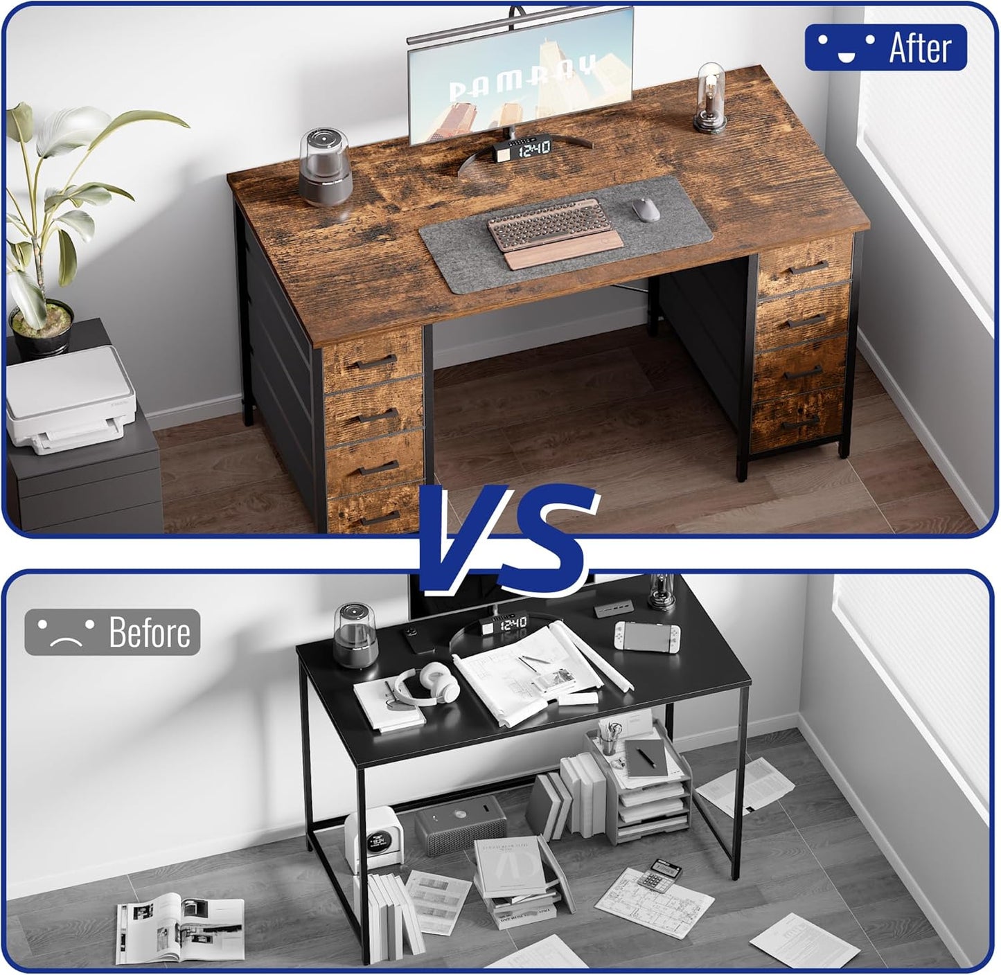 Pamray 47 Inch Computer Desk with 8 Fabric Drawers PC Gaming Desk Home Office Study Work Writing Table for Bedroom Vintage