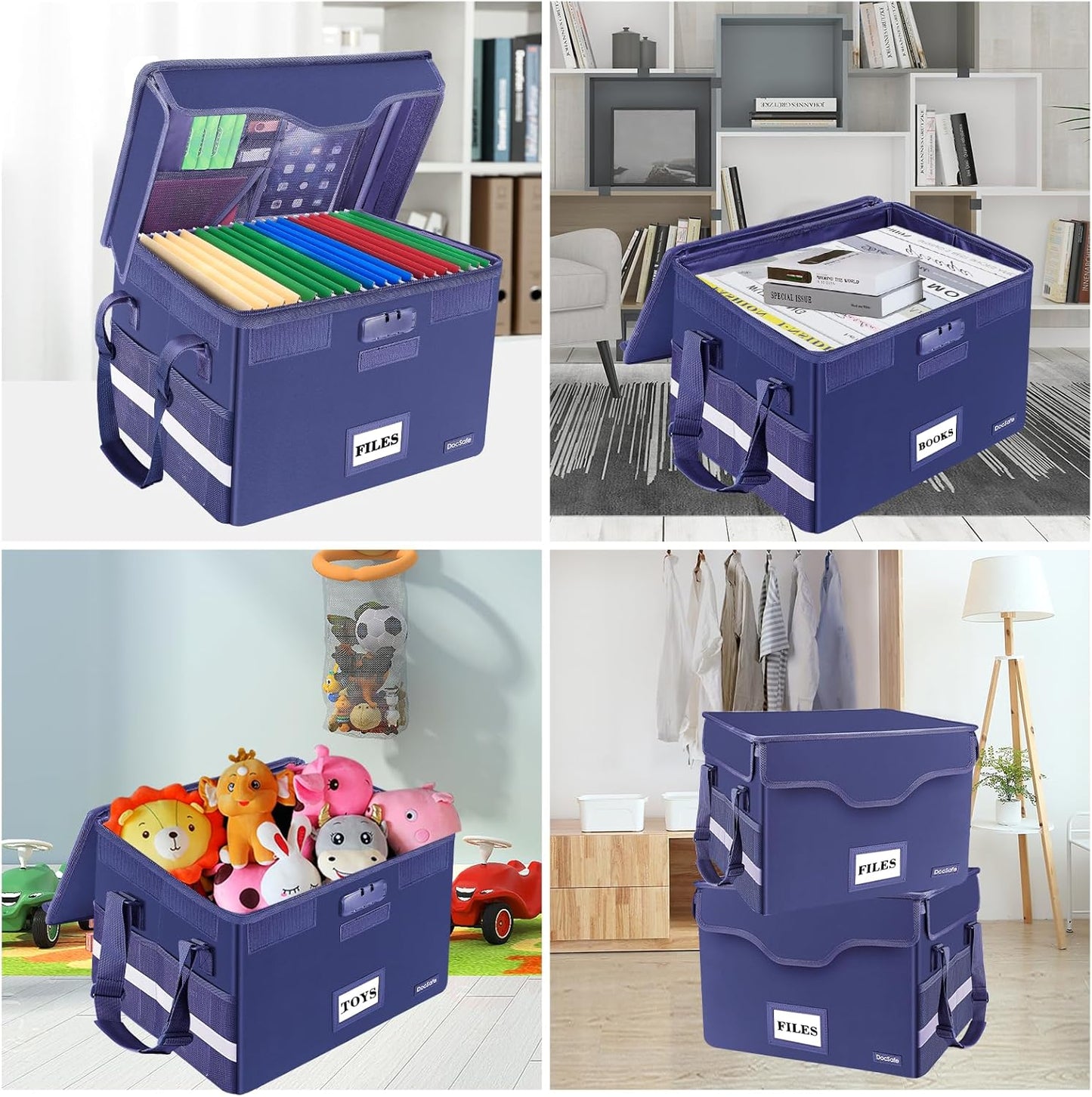 DocSafe Fireproof Document Box with Lock, File Storage Organizer with Mesh Pockets, Collapsible Portable File Box Home Office Safe Filing Cabinet with Handle for Hanging Letter/Legal Folder, Blue