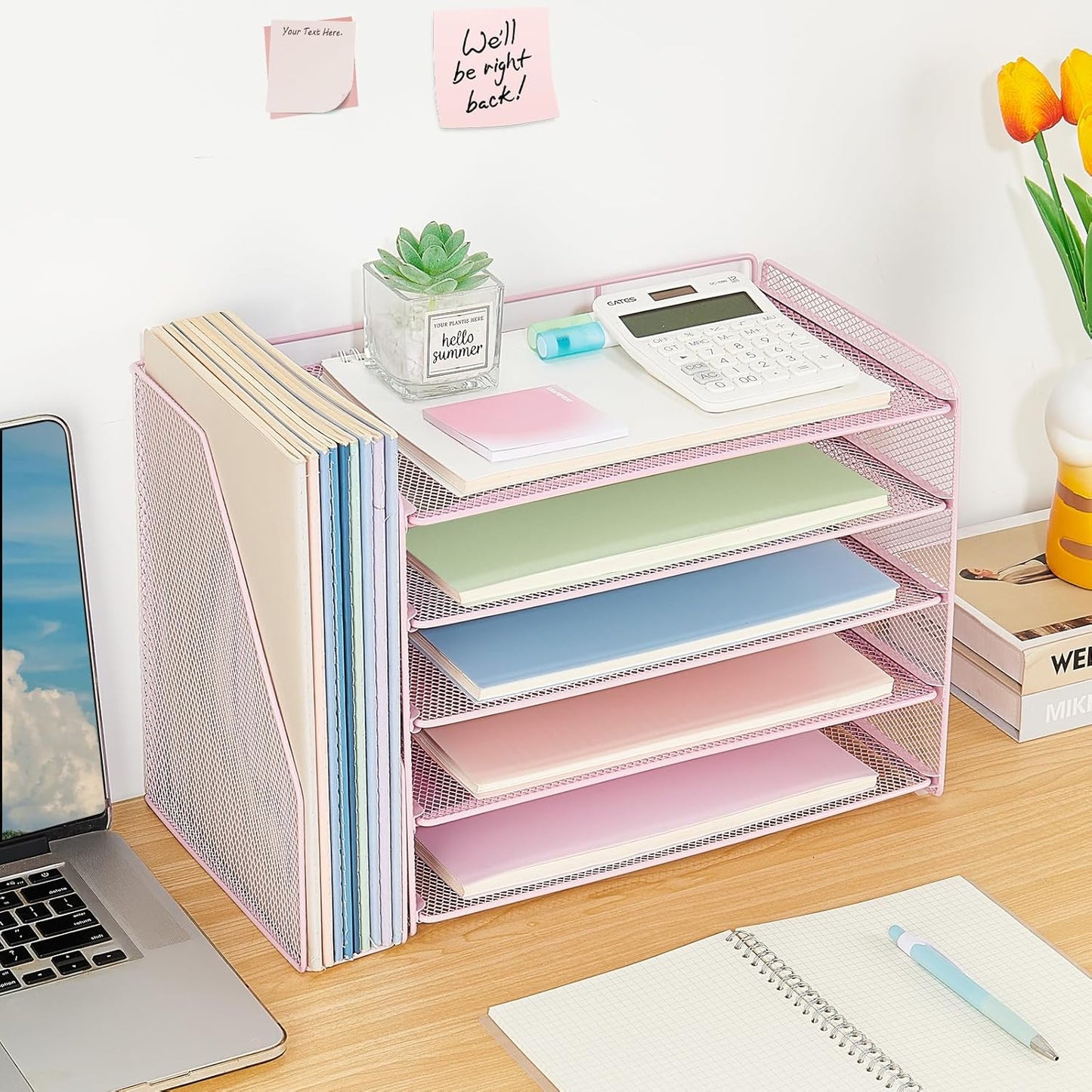 OPNICE Desk Organizer, 5-Tier Paper Organizer Letter Tray with Magazine Holder, Office Desk Accessories & Workspace Organizers, Desktop File Organizer for Office Supplies Storage, Pink