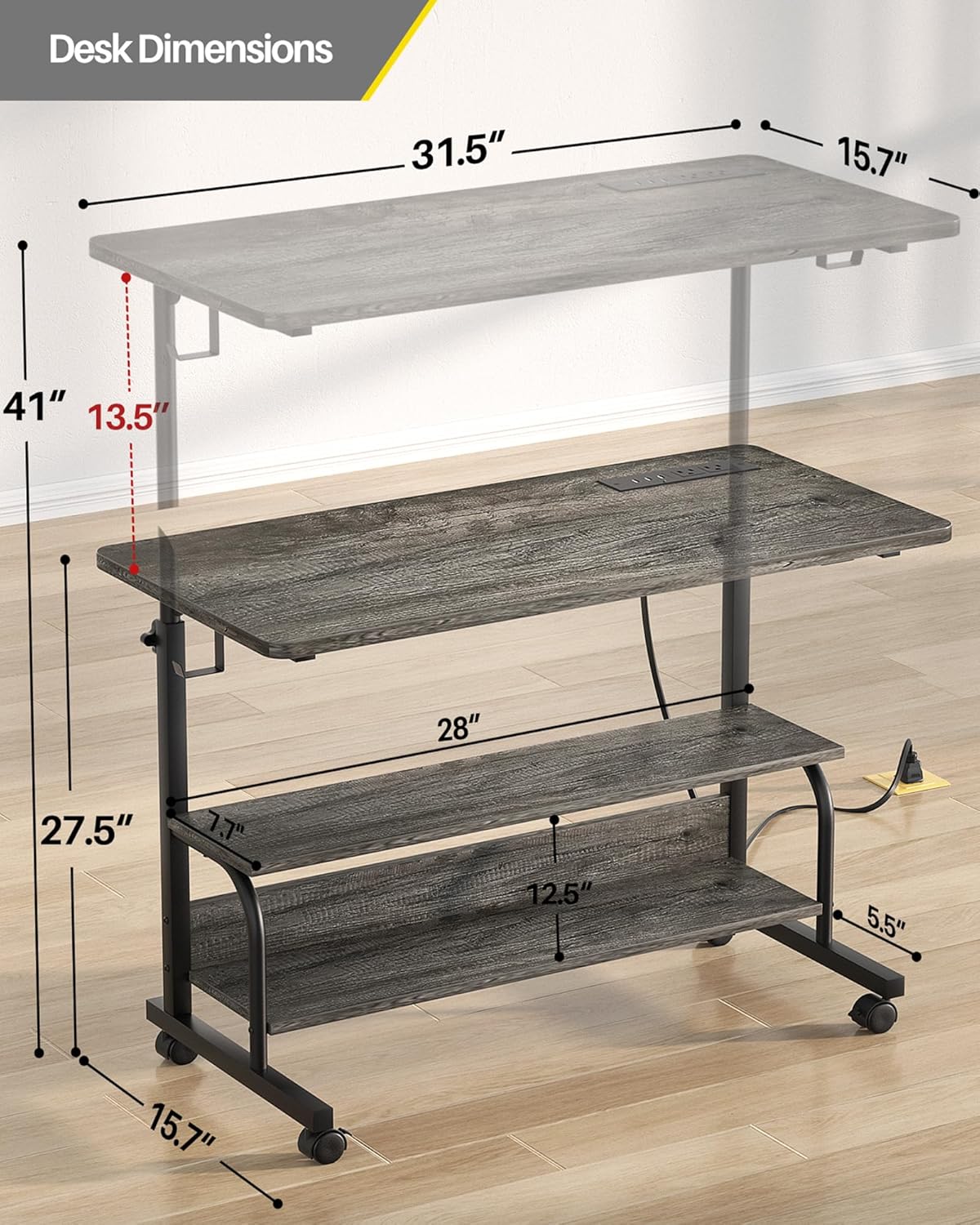 Armocity Rolling Standing Desk with Charging Station, Portable Height Adjustable Mobile Computer Desk with Wheels & 2-Tier Shelves & Hooks, Easy Assembly Laptop Table for Couch Bed, 32" Grey Oak