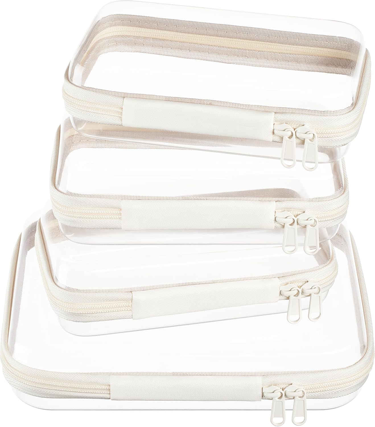 4 pcs Clear Zipper Pouches,Hard Shell Zipper Case, Toiletry Bag for Travel, CLear Diaper Bag, Toiletry Pouch, Travel Organizer, Cosmetic Bag,Toy Storage Bins (M+3S)(Ivory)