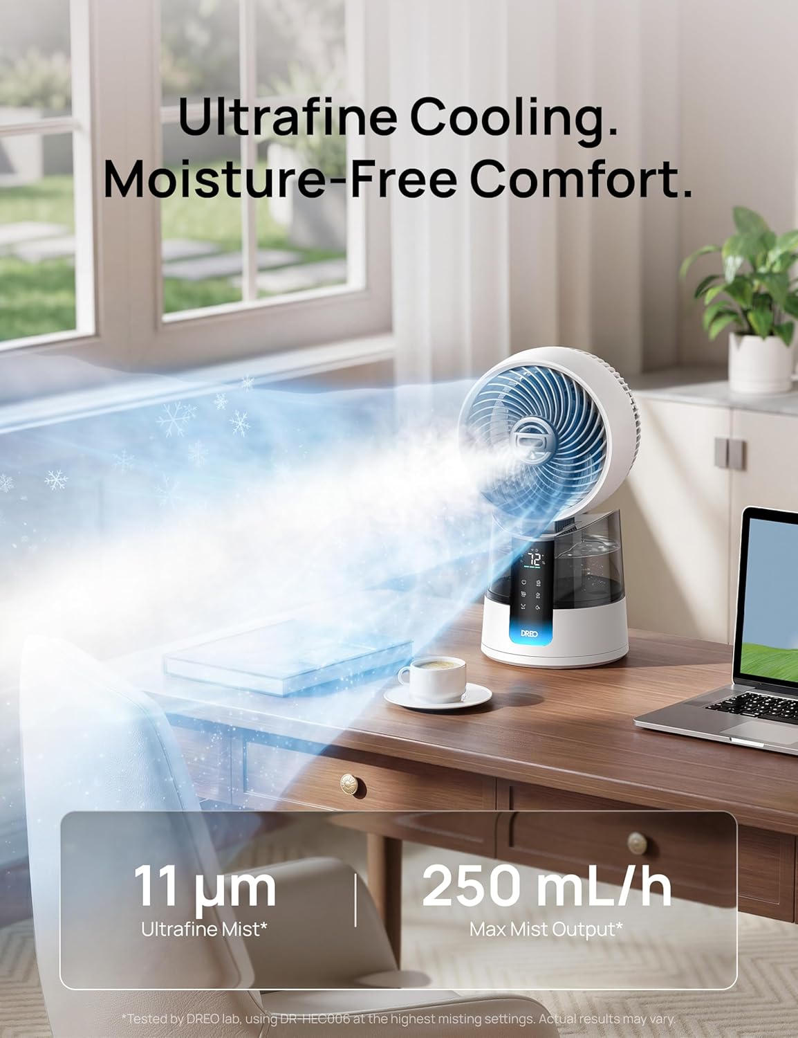 DREO TurboCool Misting Fan 516, 5℉ Drop Cooling Fans that Blow Cold Air, 150°+30° Omni-directional Oscillating, Evaporative air cooler, 26 ft/s Wind, Ultrafine Mist, 20dB 6 Speeds 2 Modes, White