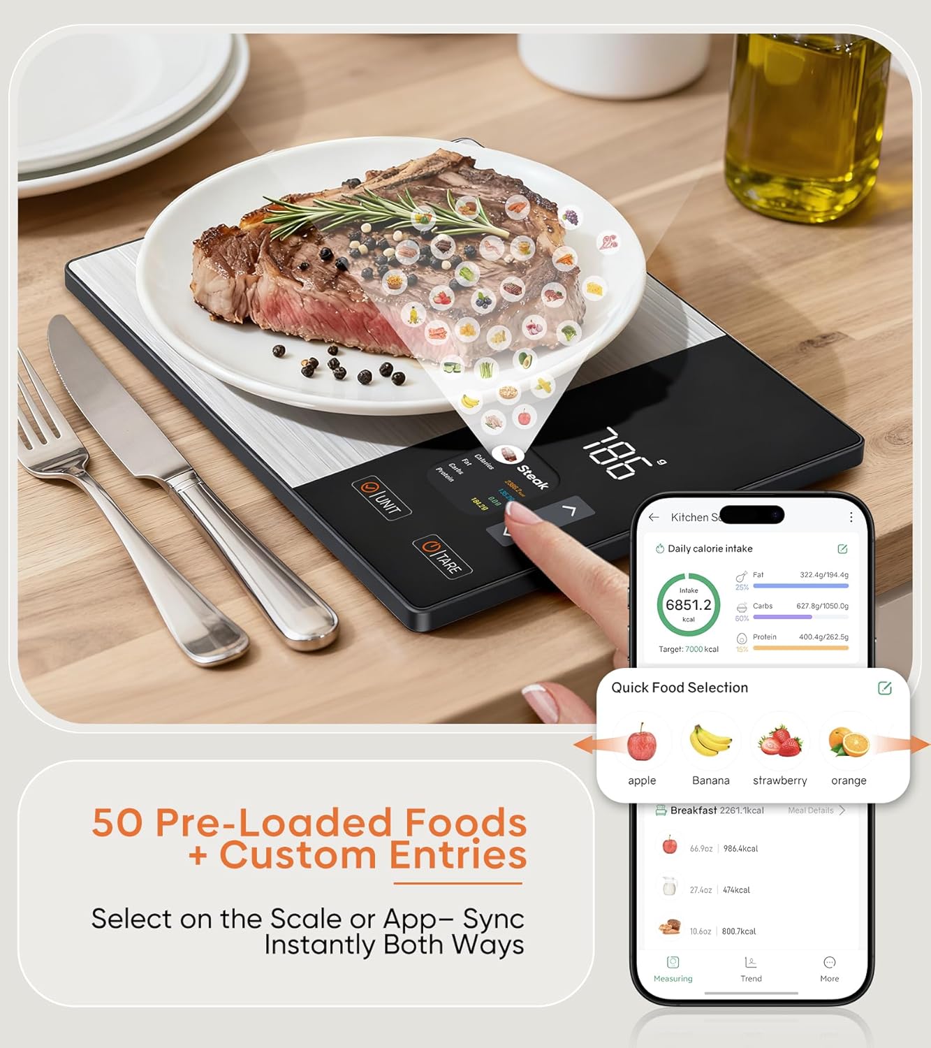 KUAIVO Smart Nutrition Food Scale with TFT Display, Tracks Calories, Fat, Carbs & Protein, Works with App for Daily Reports, 50 Built-in Foods, 23 Nutrients, Digital Kitchen Scale for Meal Prep