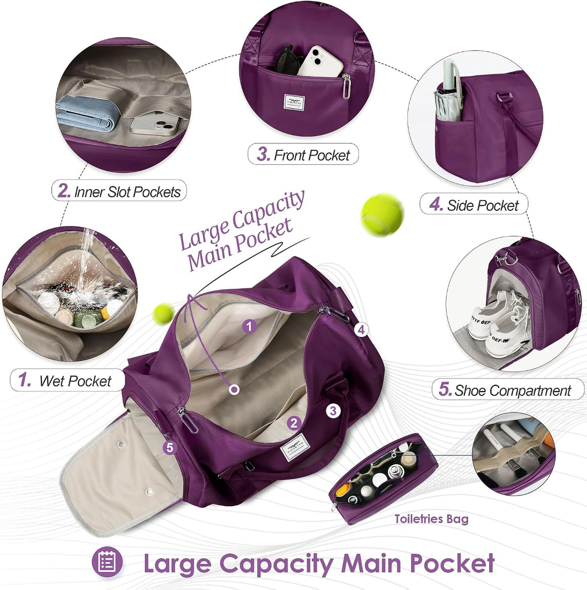 FIORETTO Womens Gym Tote Duffle Bag with Toiletry Bag, Sports Duffel Overnight Hospital Workout Carry on Bag for Girls with Wet Pocket & Shoe Compartment, Ideal for Travel, Swimming, Dance Purple