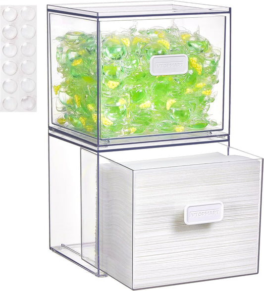 Vtopmart 2 Pack Dryer Sheet Holder and Laundry Pods Container,Clear Stackable Storage Drawers for Washing Powder, Scent Booster Beads, Color Catchers & Wool Balls, Ideal for Laundry Room Organization