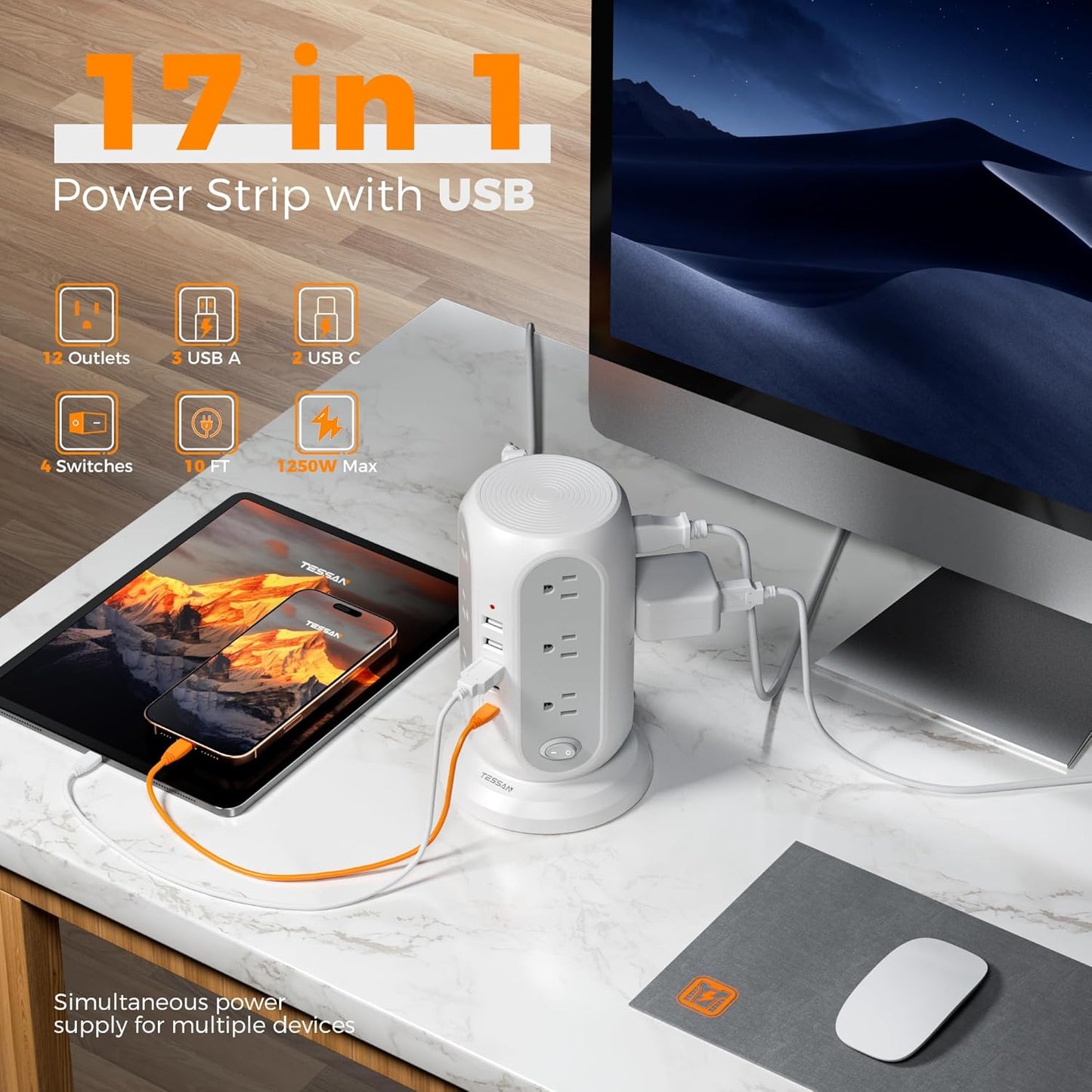 TESSAN Tower Power Strip with Individual Switches, 12 Outlets and 5 USB Ports(2 USB C), Flat Extension Cord 10 Ft, 1250W, Charging Station for Multiple Devices, Office, Dorm, Grey