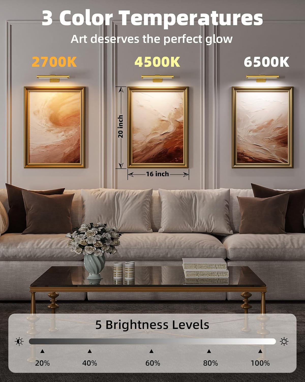 EZVALO Picture Light for Wall, Rechargeable 2400mAh Battery Lights Wireless with IR Remote, 3 Color & Dimmable Magnetic 7.87'' LED Lights Display for Painting, Living Room, Gallery, Bedroom(Gold-3P)