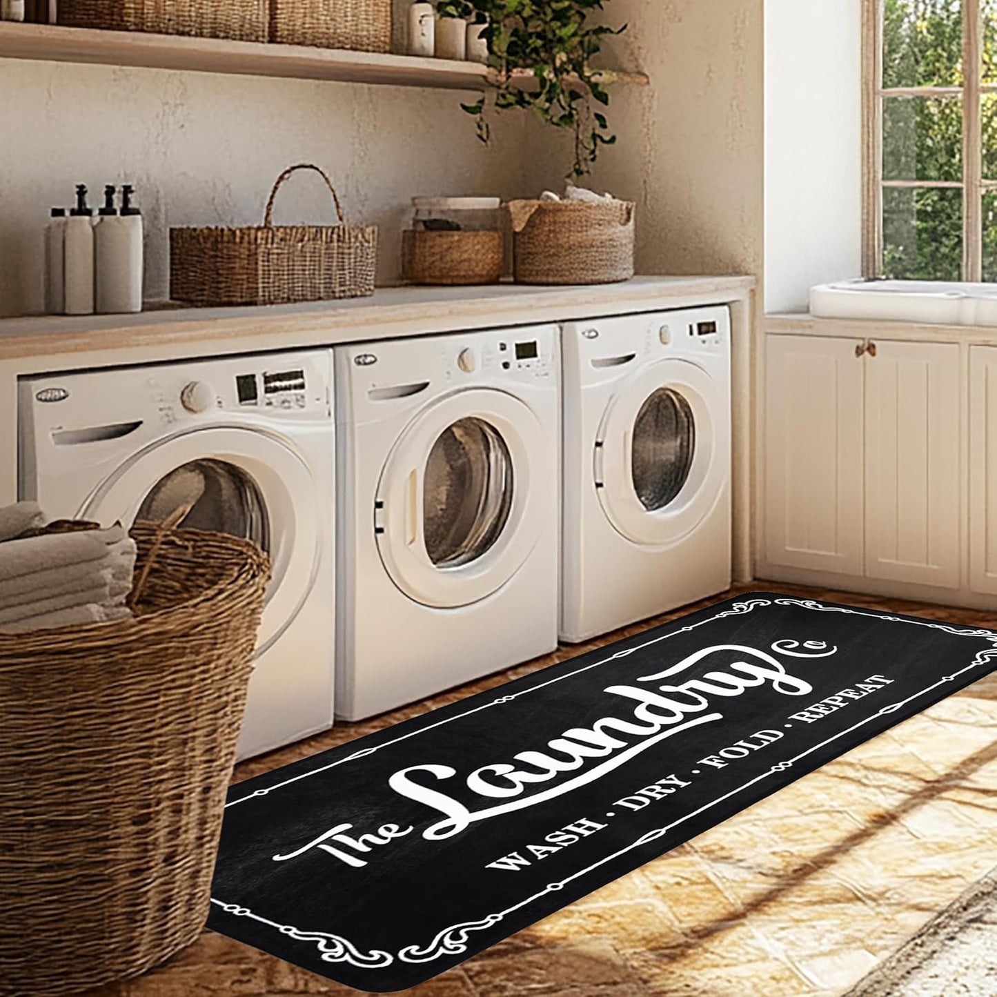 Laundry Room Rug Runner 20"X49" TPR Non Slip Farmhouse Laundry Rugs for Laundry Room Decor Washable Runner Rugs for Kitchen Floor Mudroom and Bathroom-Black