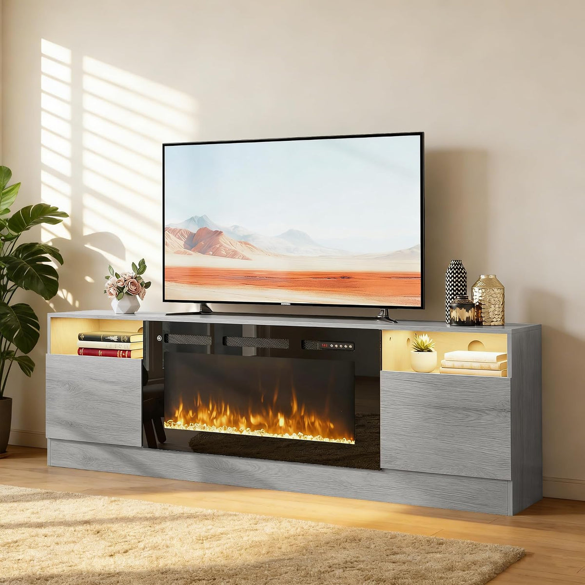 70" TV Stand with 36" Electric Fireplace, Large Modern Media Entertainment Center with Storage Cabinet and 12 Colors LED Lights for TVs Up to 80",Grey and Black