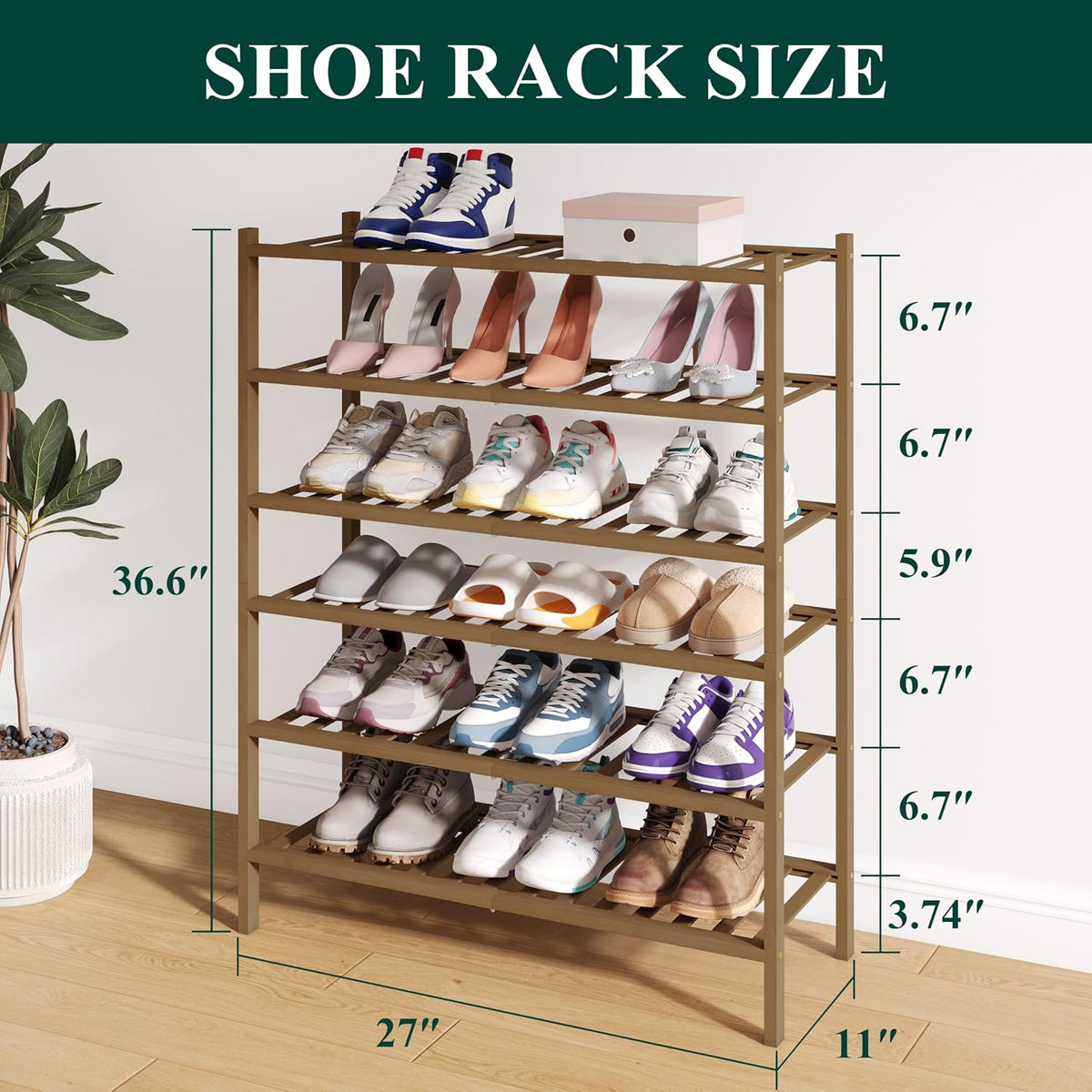 Smiry Bamboo Shoe Rack for Closet, 6 Tier - 26.77" Wide, Walnut