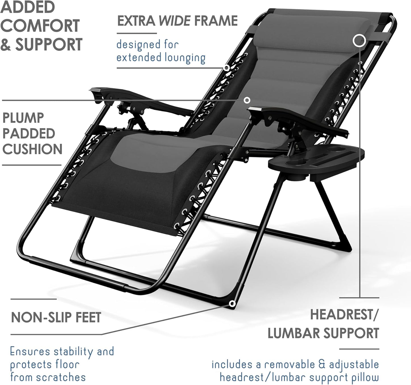 Nestl Outdoor Padded Zero Gravity Chair, Patio Lounge Chair Outdoor Recliner, Oversized Anti Gravity Lounger with Adjustable Headrest and Cup Holder, Foldable for Camping, Yard - Black/Grey