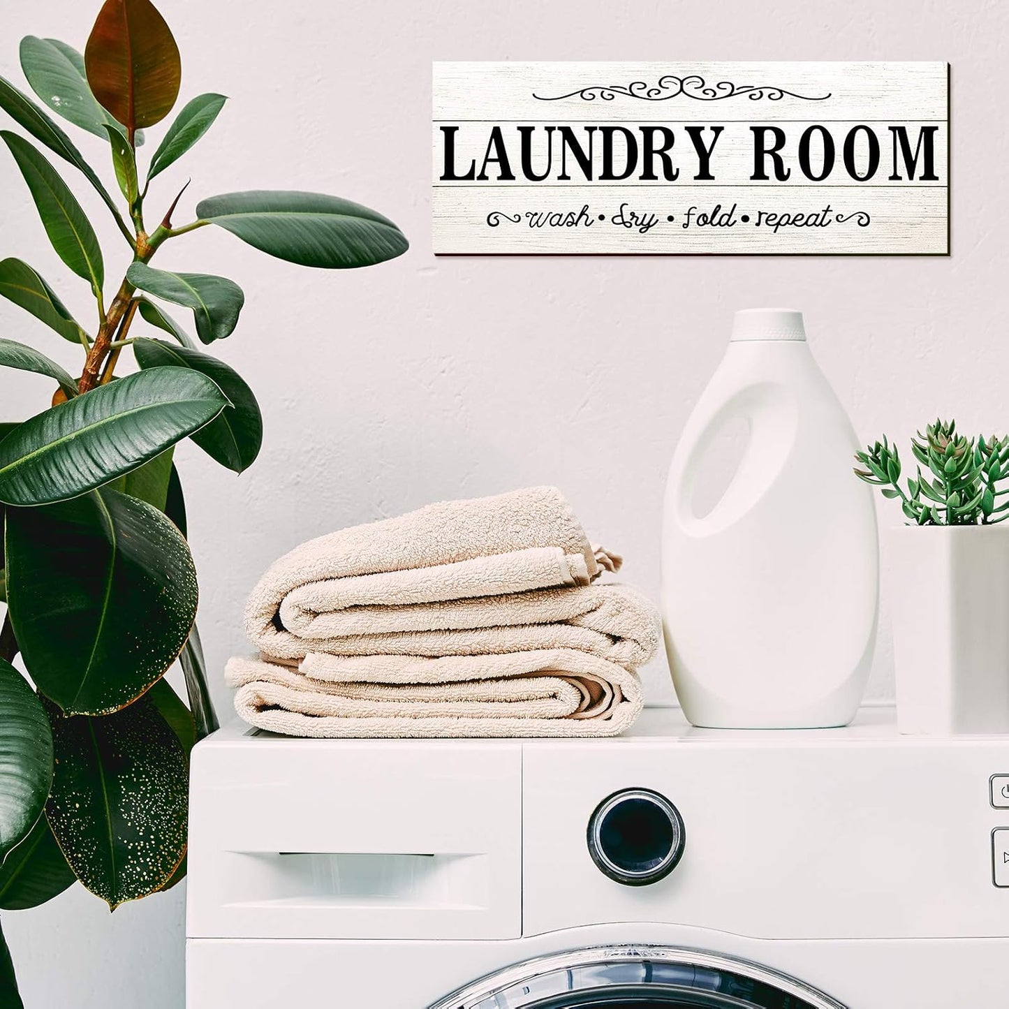 Laundry Room Decor Sign Wooden Rustic Farmhouse Family Laundry Room Wall Sign Wash Dry Fold Repeat Wall Decor Prints for Home, 16 x 6 Inches(White)