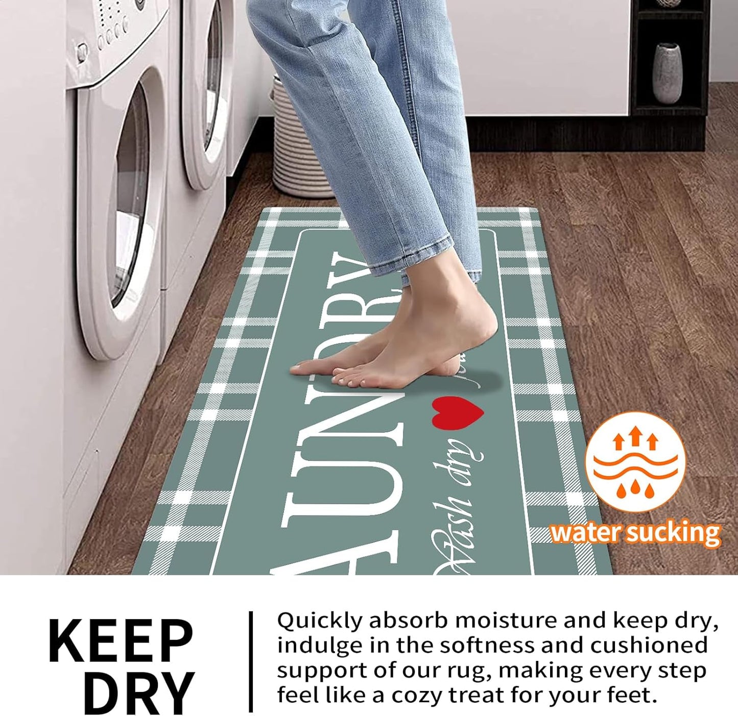 XLHOMO Laundry Room Rug Runner, 17"x47" Buffalo Plaid Non Slip Teal Laundry Rugs, Farmhouse Washable Floor Laundry Mats for Laundry Room, Mudroom, Kitchen, Washroom, Bathroom, Entryway Rugs Decor