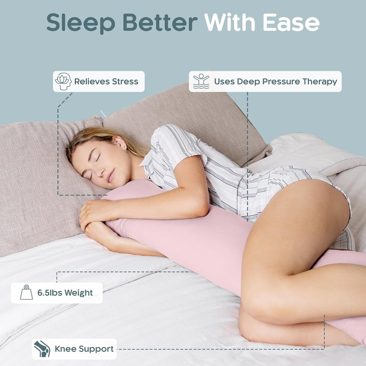 SleepCloud Weighted Body Pillow 6.5lbs - Weighted Pillow for Deeper Sleep (41” x 10”) - Cooling Body Pillows for Adults, Full Body Pillow for Adults, Side Sleeper Body Pillows with Cover (Blossom)