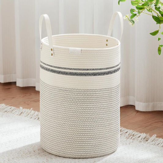 VIPOSCO 72L Tall Woven Rope Laundry Hamper, Leather Handles, Stripe White