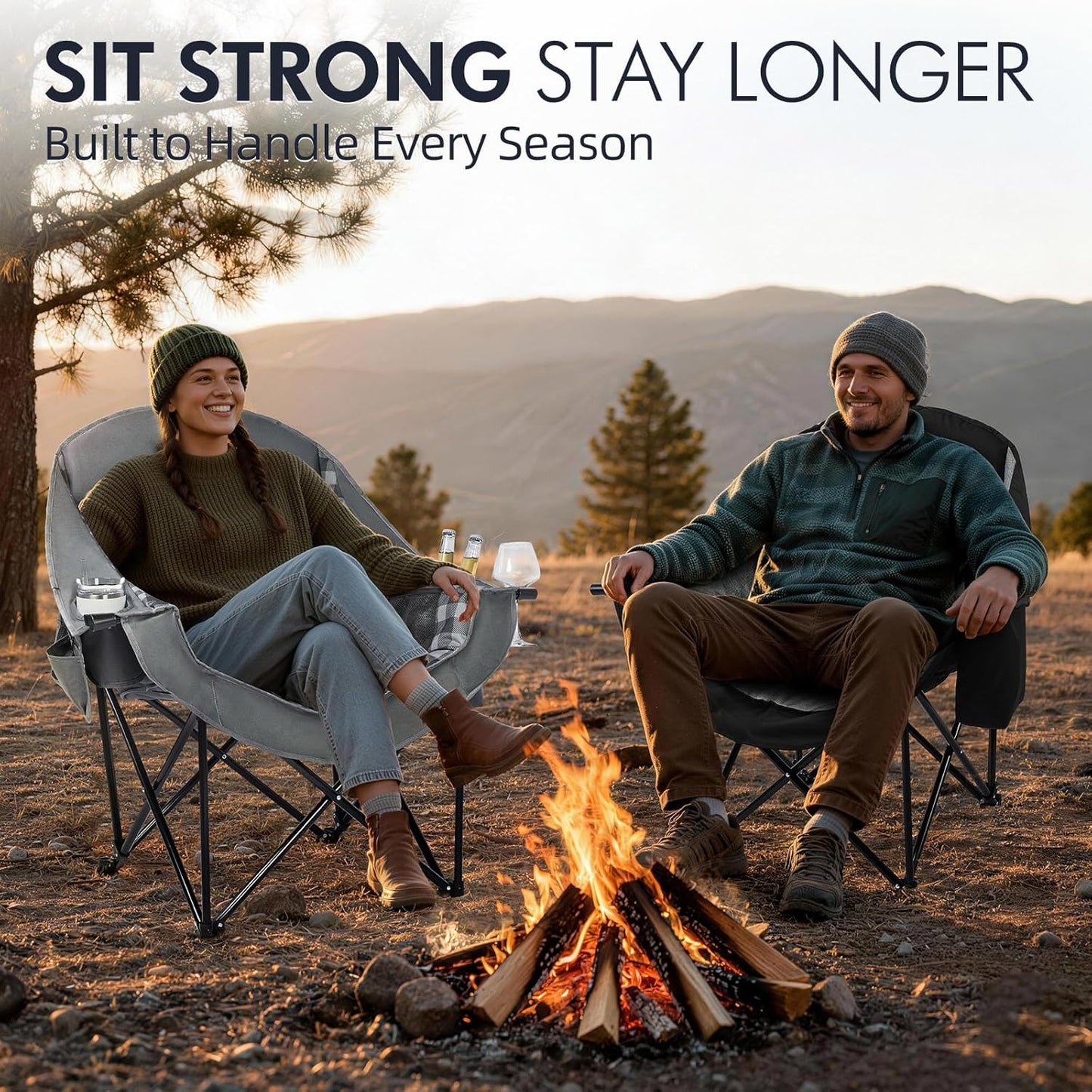 Oversized Camping Chair for Adults - Heavy Duty Outdoor Padded Large Lawn Camp Chair with Cup Holder Cooler Pockets for Sports Beach Fishing Garden Portable Supports 500lbs, Black/Grey 2 Pack