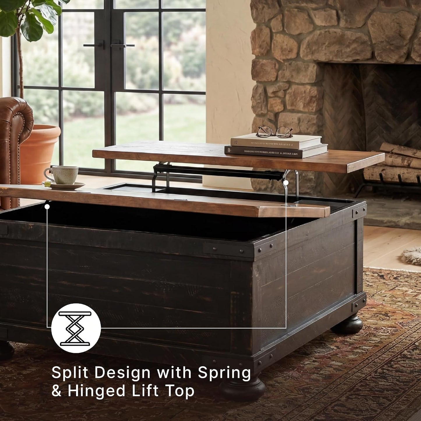 Signature Design by Ashley Lift Top Coffee Table with Storage, Farmhouse | Pine veneers, wood & engineered wood, Split-top spring lift, Hidden trunk storage, 36-in square footprint, Valebeck Series