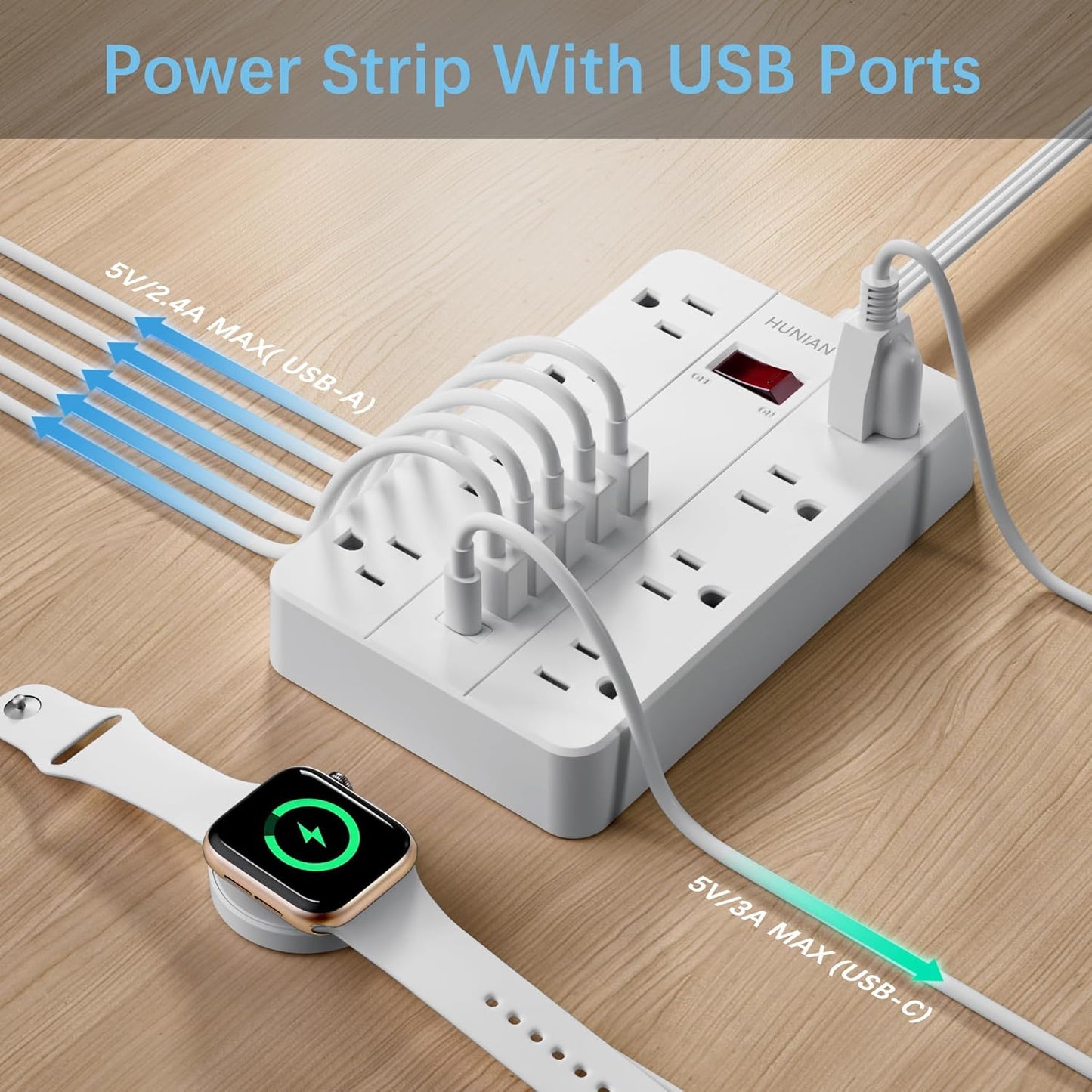 Power Strip with USB, Flat Plug Extension Cord with Multiple Outlets 5 Ft, HUNIAN Power Strip with 8 Widely Spaced Outlets 6 USB Charger (1 USB C Port), Desk Charging Station for Home Office, White