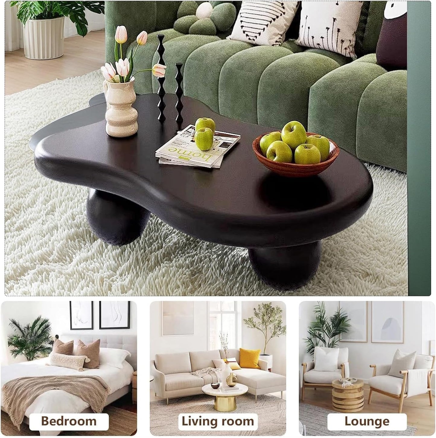 Mid Century Modern Cloud Coffee Table (D47.24in) | Irregular Cute Wooden, Industrial Center Table, Sturdy Legs, For Apartment Living Room