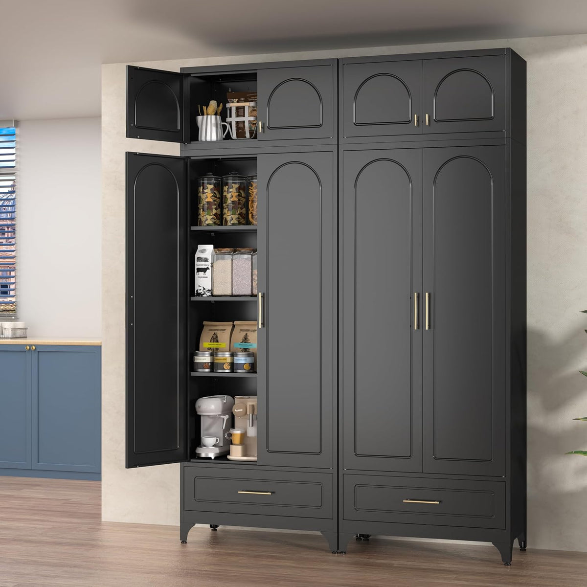 Polup Kitchen Pantry Cabinet, 90" Tall Metal Storage Cabinet with Drawer | Black Heavy-Duty Steel Cupboard, 4 Doors, 3 Adjustable Shelves, Magnetic Latch, Gold Handles, for Dining Living Room, Laundry