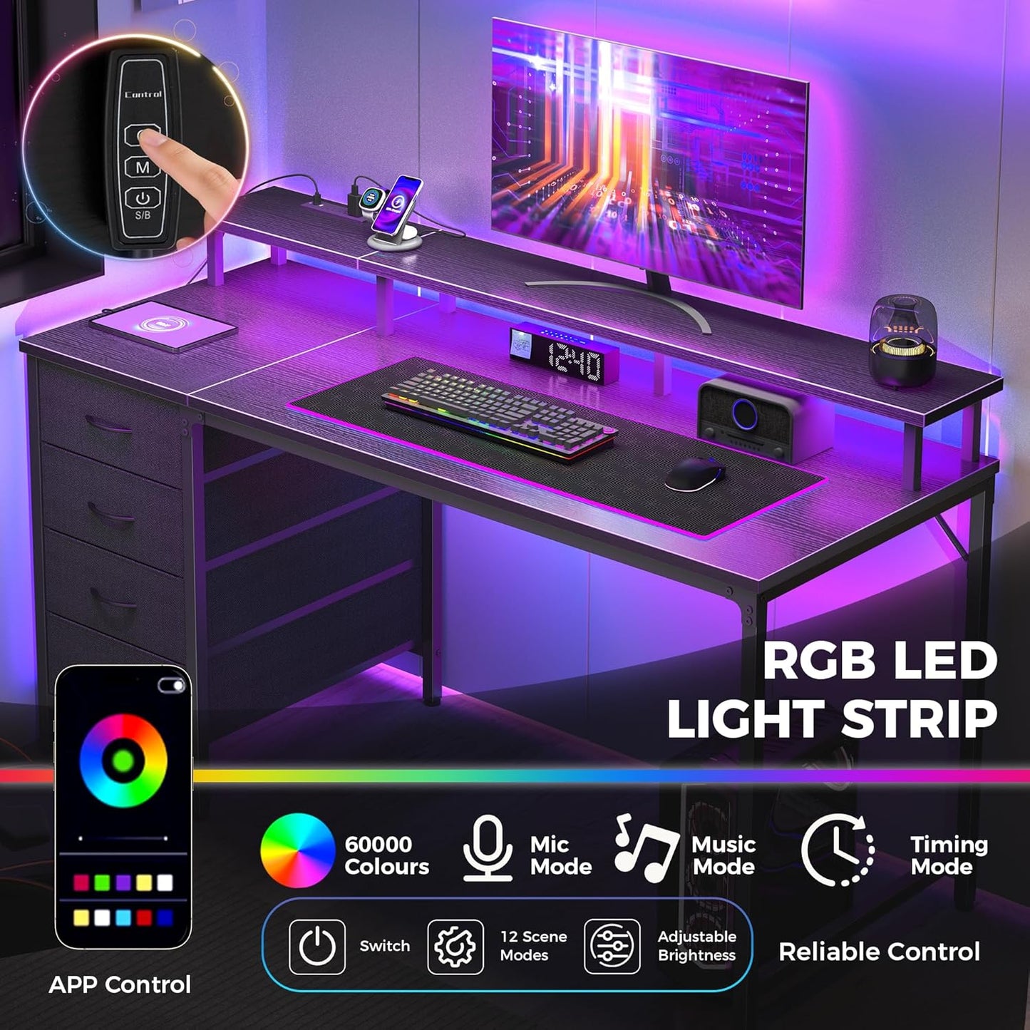 DUMOS 40 Inch Computer Desk with 4 Drawers,4 Drawer Gaming Desk with Power Outlets and LED Lights,Office Desk for Small Spaces with Monitor Shelf,Writing Desk for Home Office, Bedroom,Study,Black
