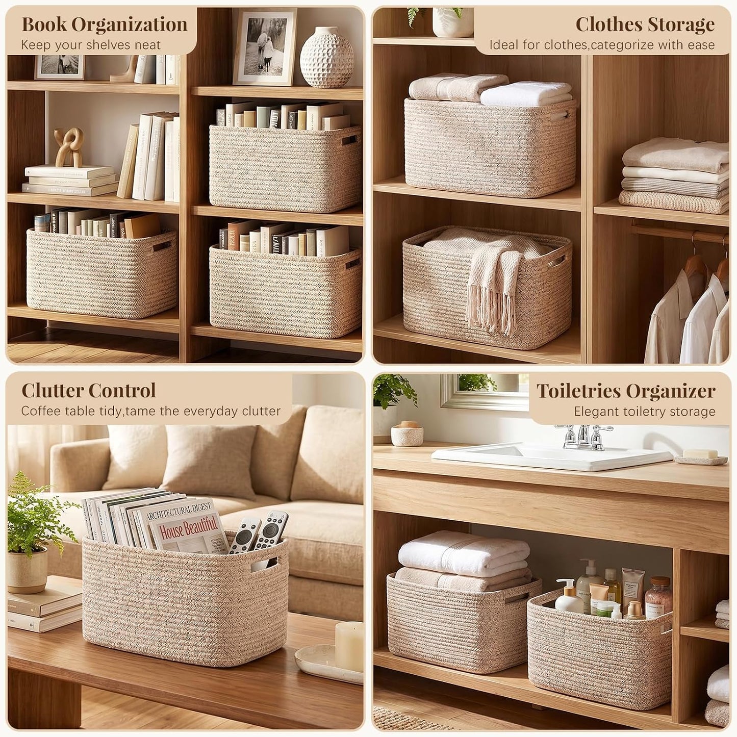 OIASKET 4Packs Natural Cotton Rope Storage Baskets for Organizing Toys, Clothes, Towels & Books, Soft Versatile Organizers for Shelves, Home Decorative Bins, 13''Lx9''Wx7.8''H, Brown