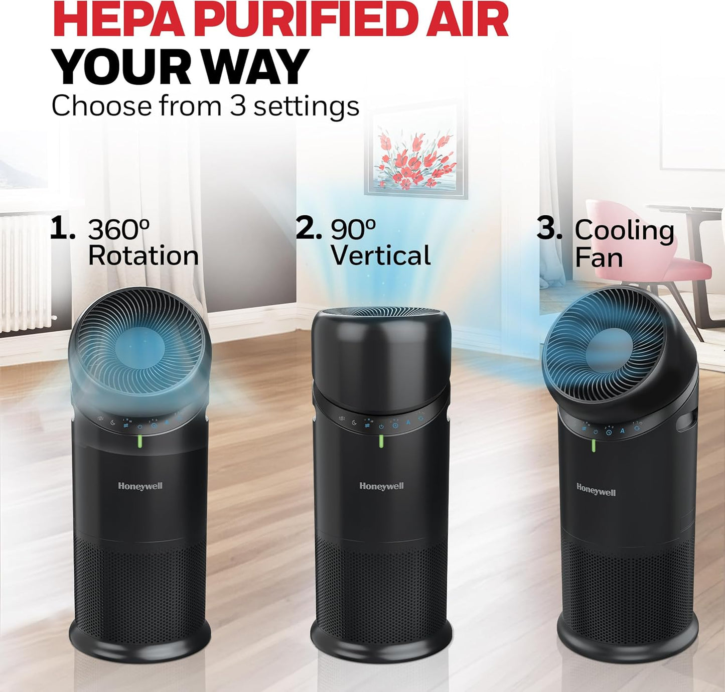 Honeywell Allergen Plus™ 3-in-1 HEPA Air Purifier, Standing Fan & Air Circulator, 1928 Ft² Rooms in 1 Hour, Quality Sensor, Sleep Mode, Reduces Allergens, Pet Dander, and Odors, Black, HPA6000B
