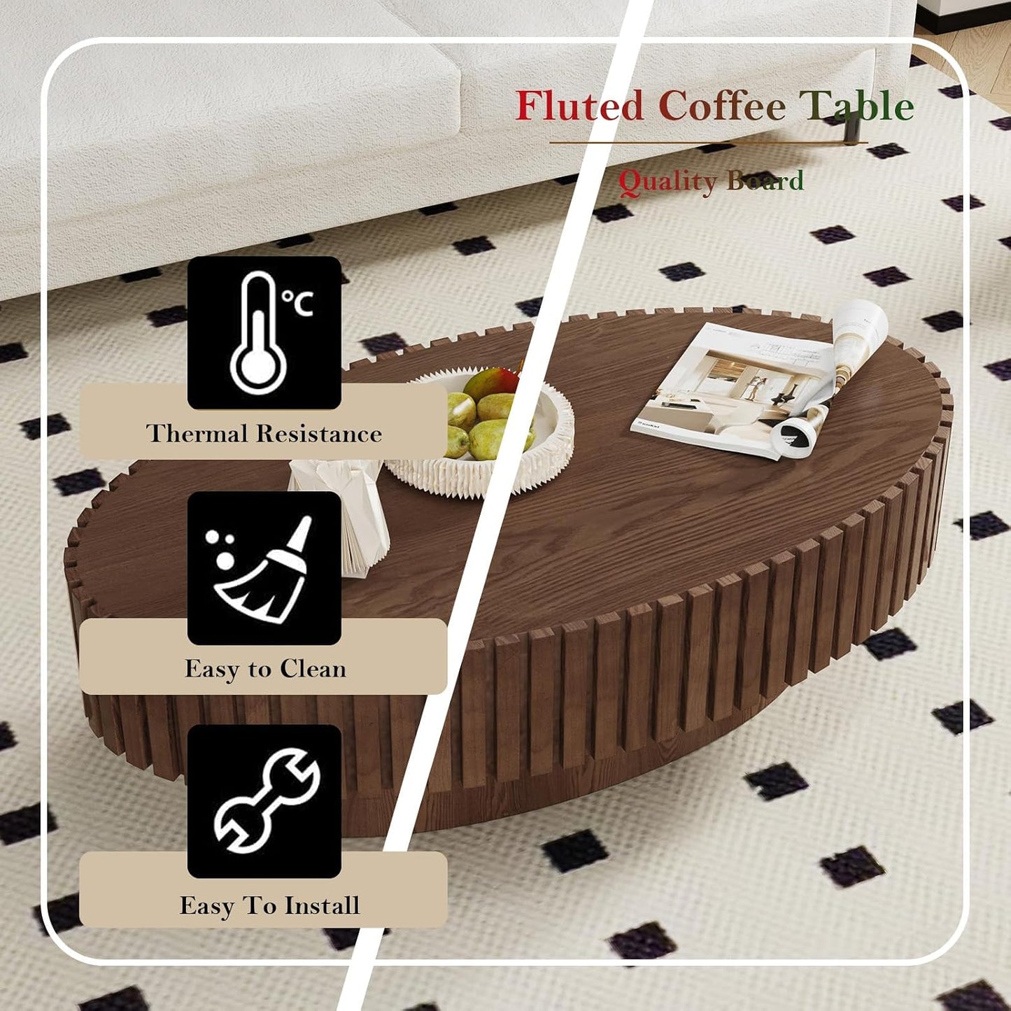 Handcraft Fluted Coffee Table with Sturdy Pedestal (Oval Walnut 43.3in) | 43.3" Oval Drum Center Tables | for Living Room Apartment Farmhouse | Easy to Assembly