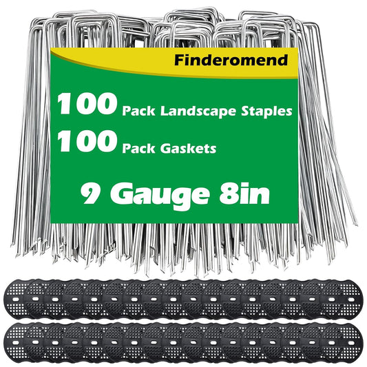 100 Pack Landscape Staples and 100 Pack Gaskets,8" Long 9 Gauge Galvanized Steel Garden Staples with Black Pads,Landscape Pins Turf Staples for Securing Weed Barrier Artificial Grass