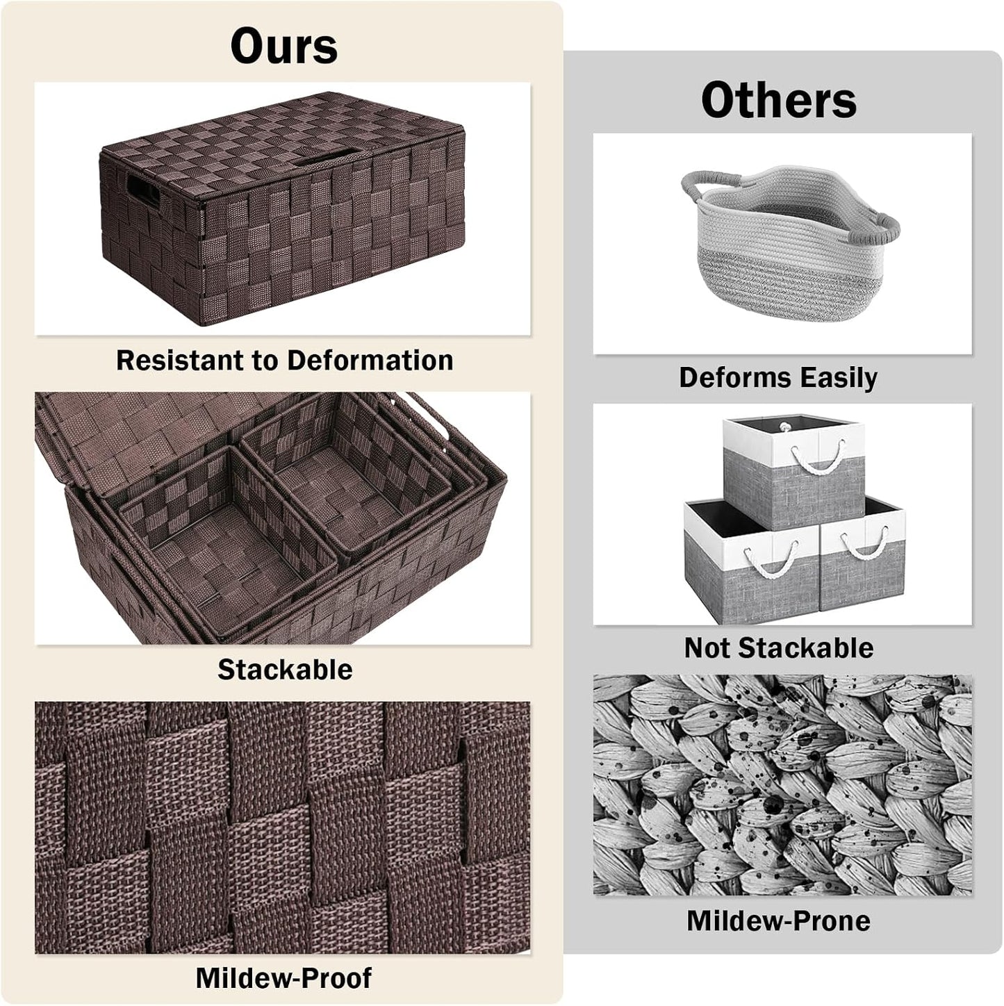 Storage Baskets with Lids: 5 Pack Stackable Woven Storage Bins, Brown
