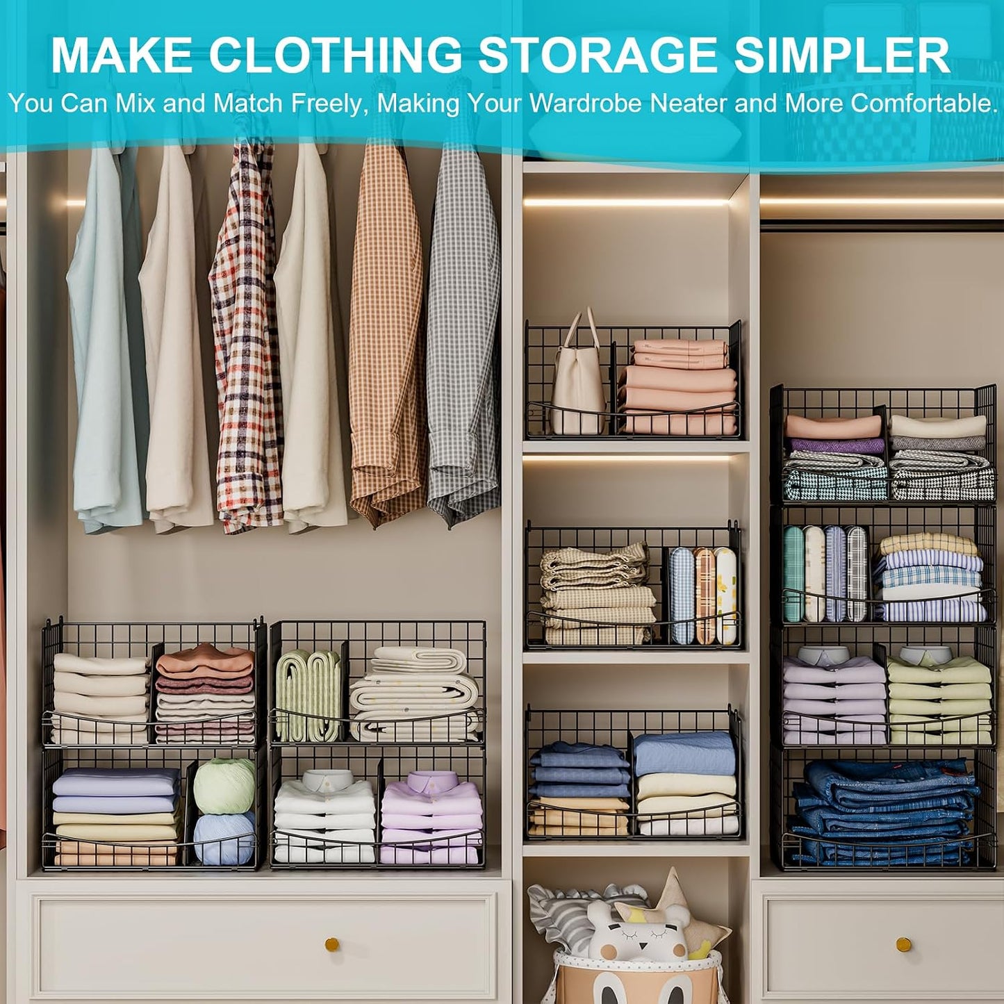 Hongtamoya 4-Tier Closet Organizers and Storage Basket with Divider, Foldable Closet Shelf Organizer System, Space-Saving Clothes Storage Drawer Organizer Bins for Wardrobe Cupboard, Black