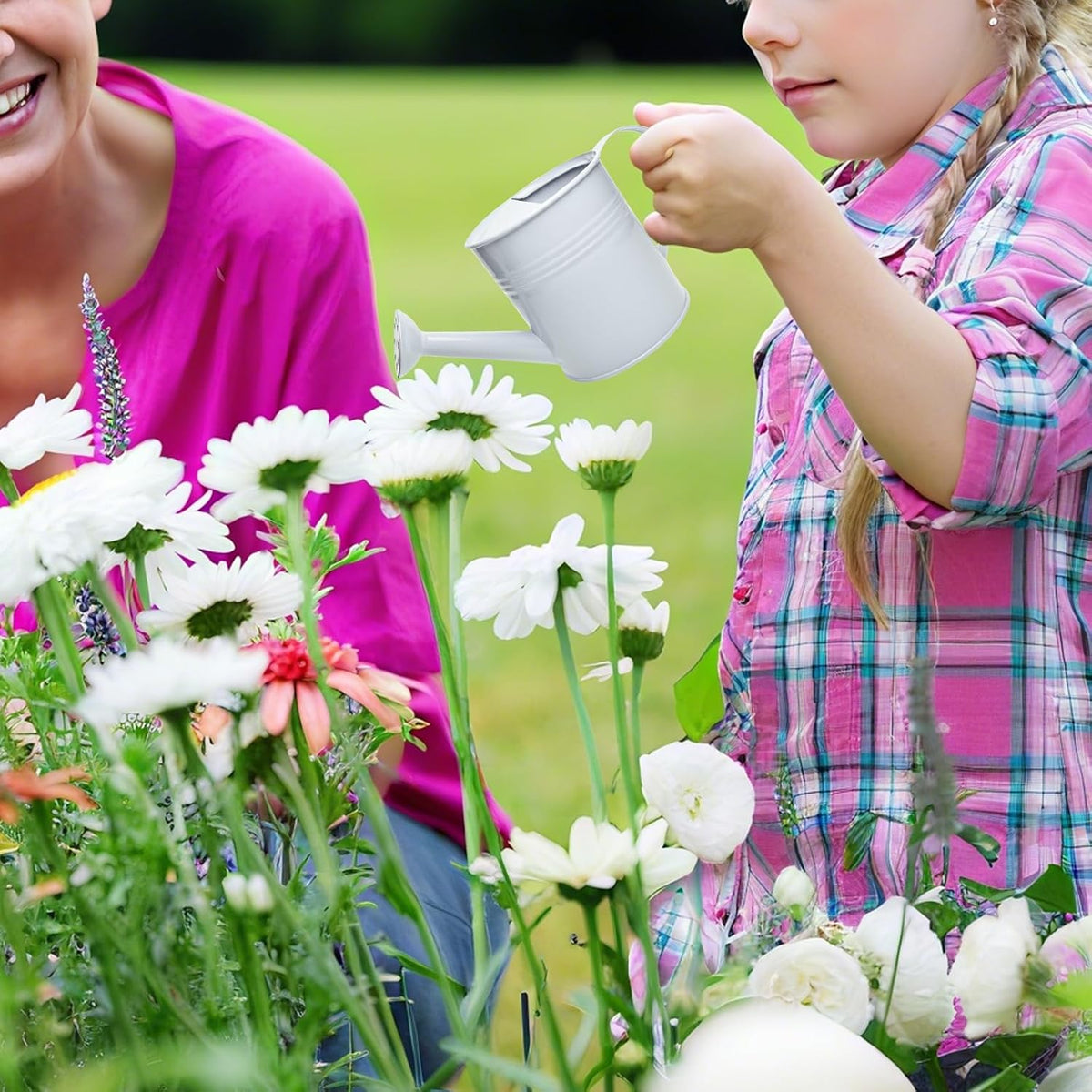 Small Metal Watering Can Set, Pink, 1.2L and 0.23L Garden Cans with Long Spout, Indoor Outdoor Plant Care (White)