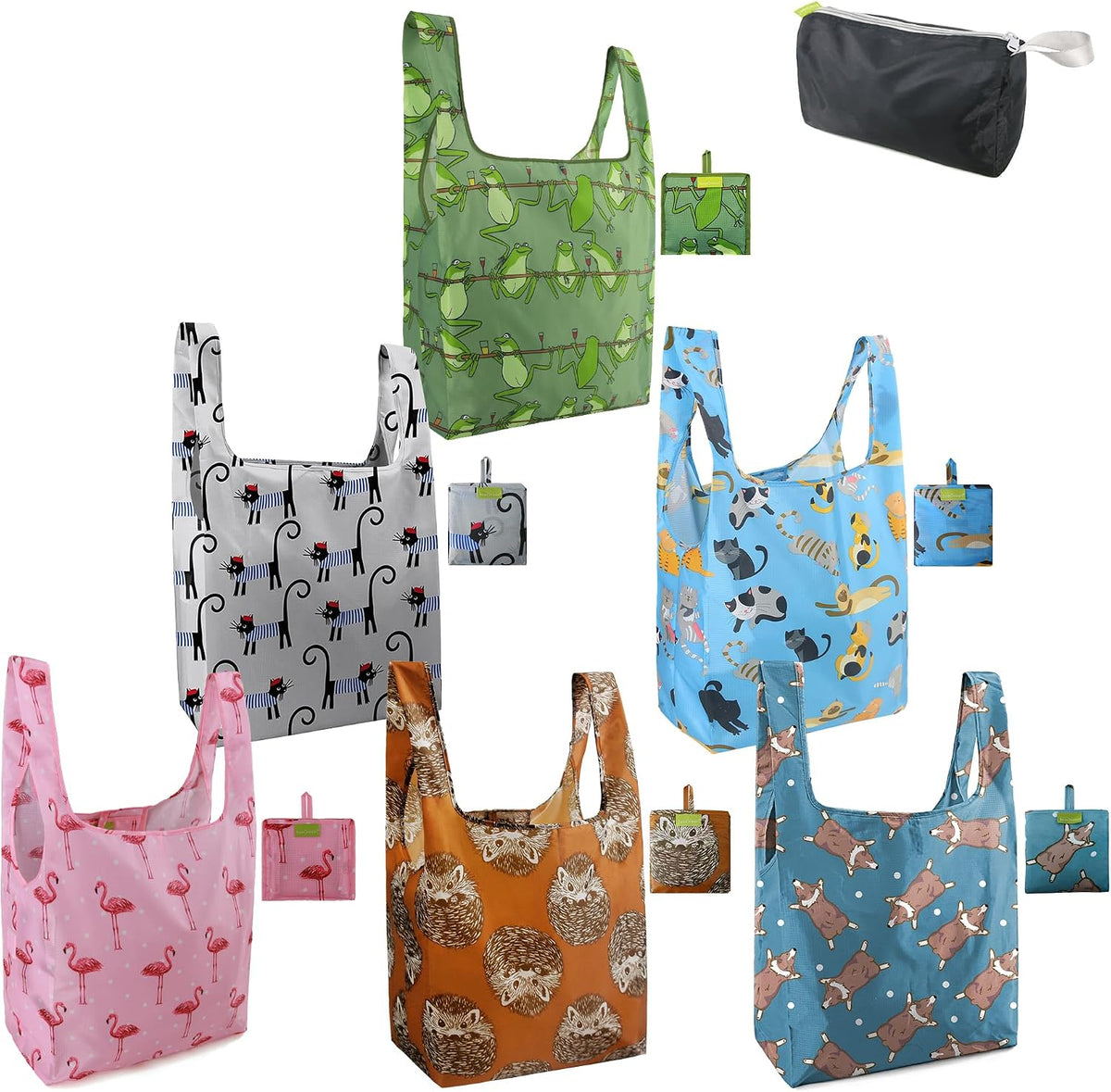BeeGreen Animals Lover Gifts for Women Animals Reusable Grocery Bags Shopping Bags Bulk 6 Pack 50LBS X-Large Foldable Hedehog Cats Dogs Frog