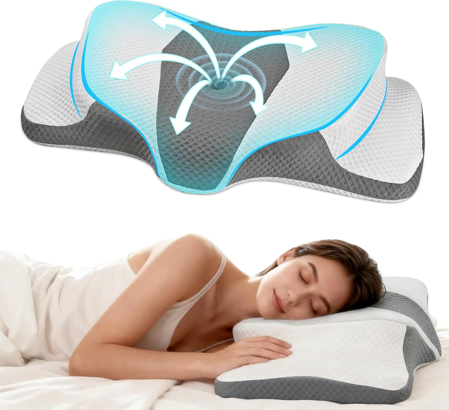 AlignCore Cervical Neck Pillow - Ergonomic Firm Memory Foam Bed Pillows for Sleeping, Neck Pillows for Pain Relief, Back and Side Sleeper Pillow (White with Gray Surface)