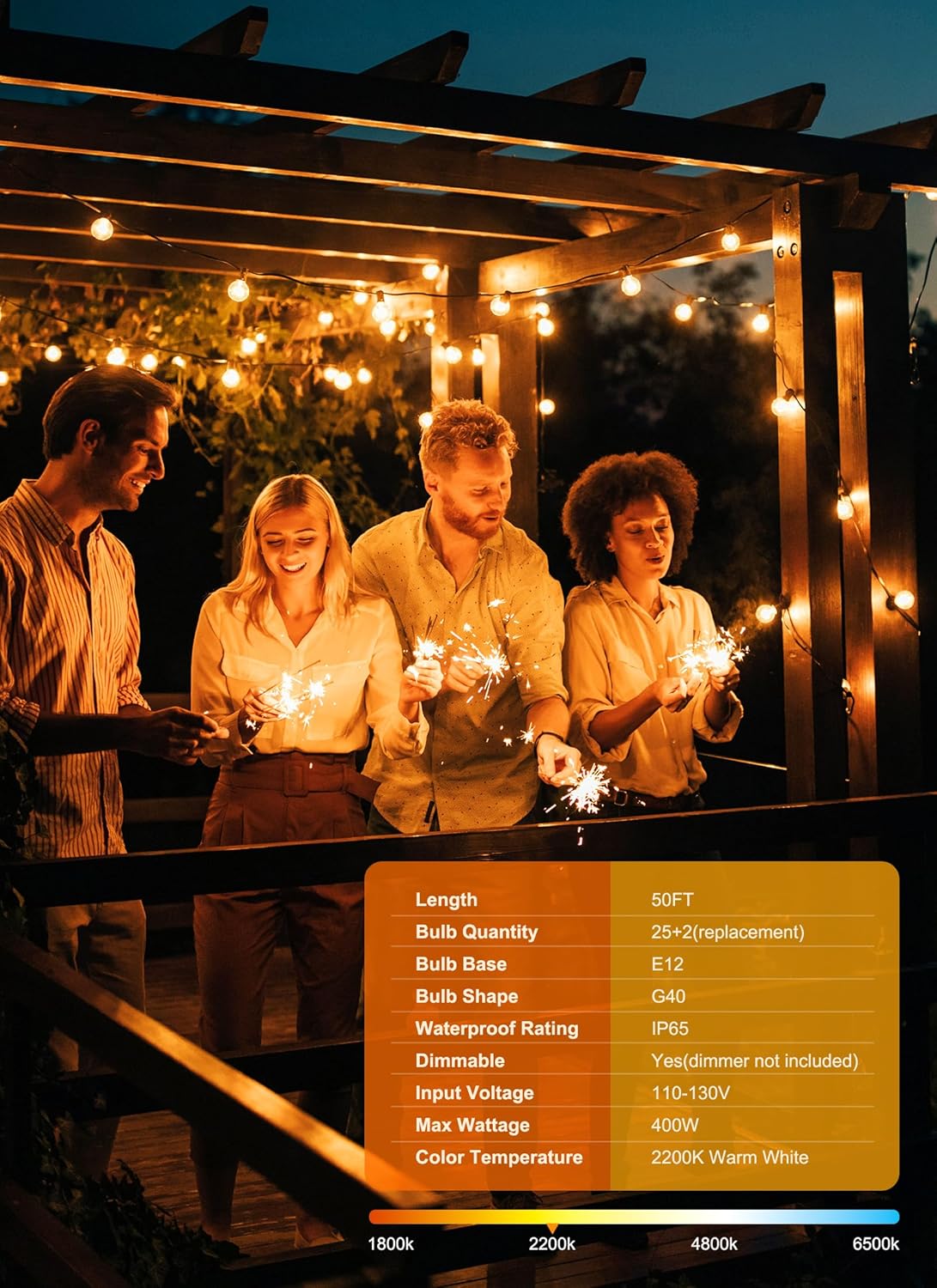Brightown Outdoor String Lights, 50FT 25 G40 Bulbs Shatterproof Patio Lights, IP65 Waterproof Dimmable Hanging Connectable Globe LED Outdoor Lights for Christmas, Backyard, Bistro, Porch