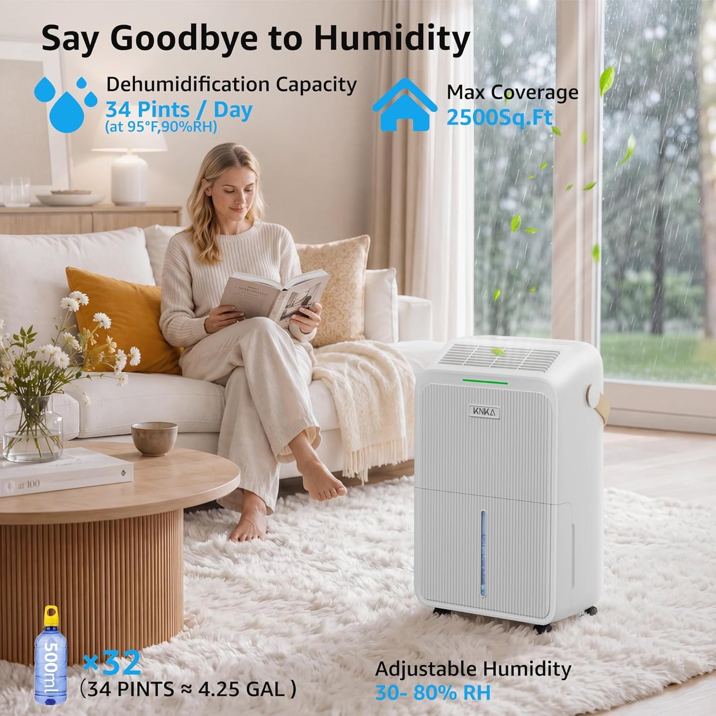 KNKA 2500 Sq.Ft Dehumidifier for Basement with Drain Hose Max 34 Pints, Dehumidifiers for Home, Bedroom, Bathroom, Large Room, Three Modes, Intelligent Humidity Control, Dry Clothes, 24HR Timer