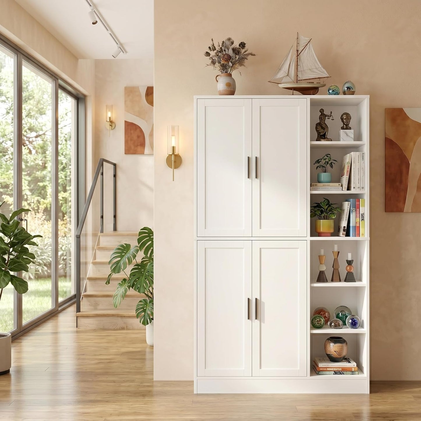 holzart 63" Tall Kitchen Pantry Cabinet, Freestanding Dining Room Storage Hutch with 4 Doors and Adjustable Shelves, Modern Utility Cupboard for Coffee Bar and Microwave, White