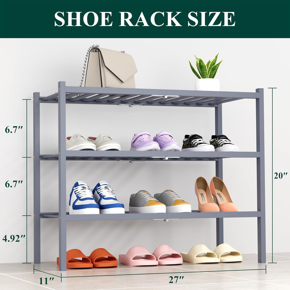 Smiry Bamboo Shoe Rack, 14 Vertical Slats, 3 Tier - 26.8" Wide, Grey