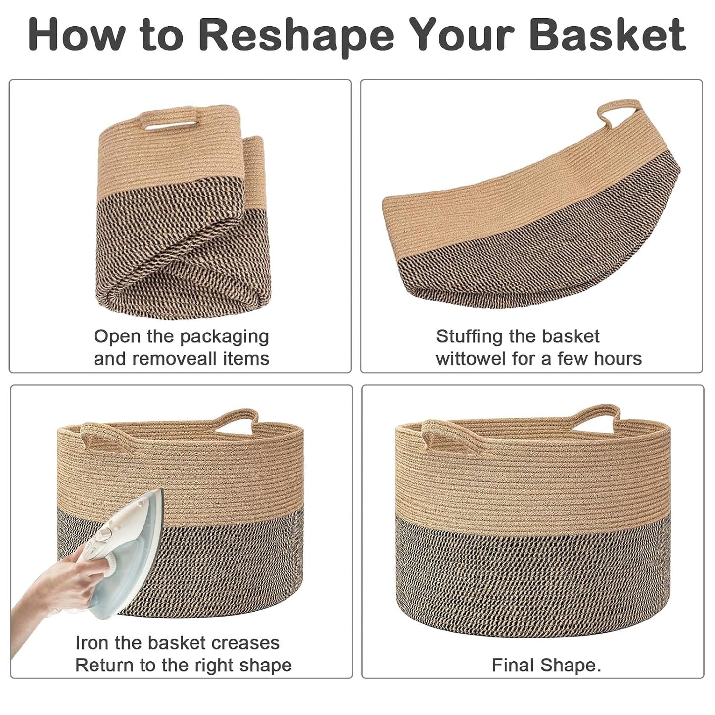 115L Large Blanket Basket,Woven Rope Laundry Basket-Brown | Collapsible, reinforced handles, nursery storage bin organizes clothes, toys and pillows for living room, bedroom bathroom.