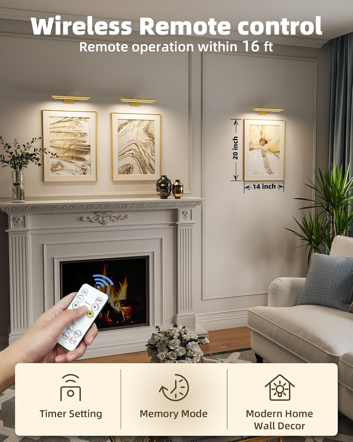EZVALO Picture Light for Wall, Rechargeable 2400mAh Battery Lights Wireless with IR Remote, 3 Color & Dimmable Magnetic 7.87'' LED Lights Display for Painting, Living Room, Gallery, Bedroom(Gold-3P)