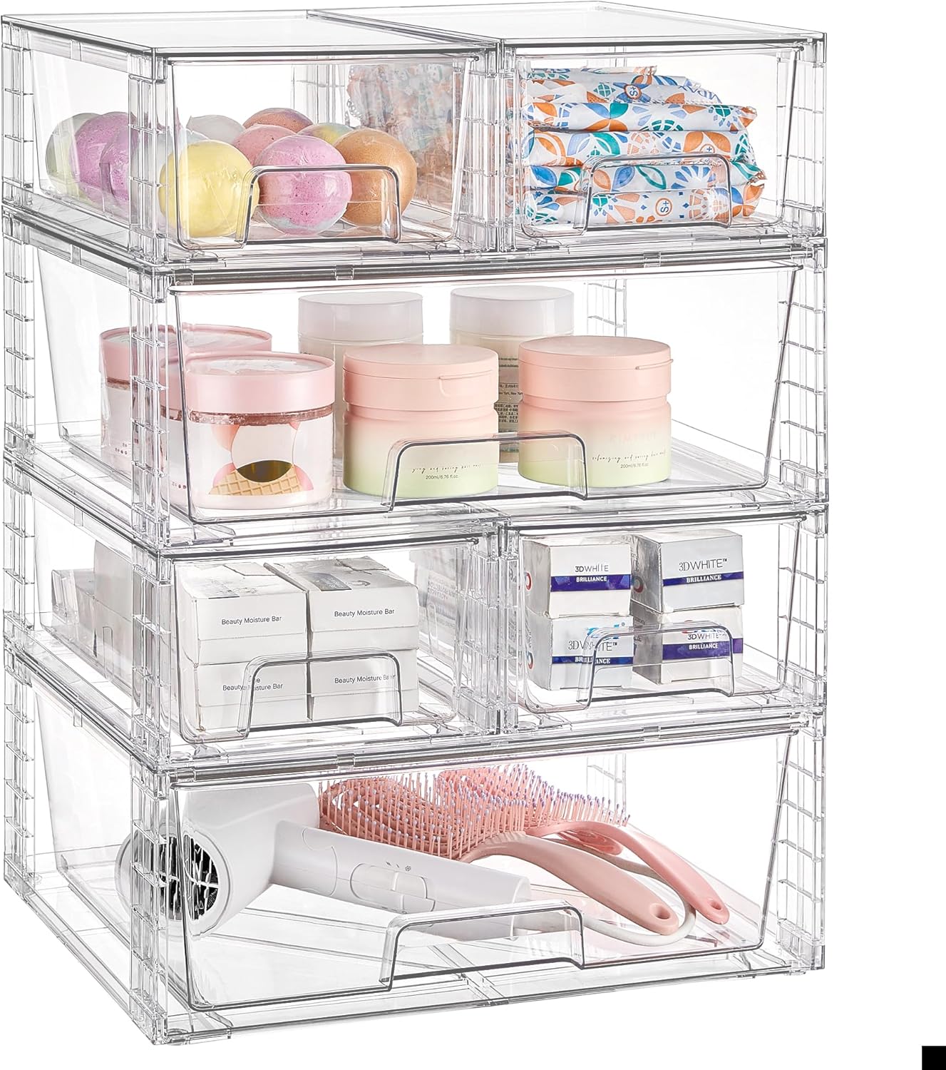 Vtopmart Clear Stackable Storage Drawers Set of 5, Easily Assemble Acrylic Bathroom Undersink Organizers,Plastic Storage Bins for Closet,Cabinet,Pantry,Medicine Organization